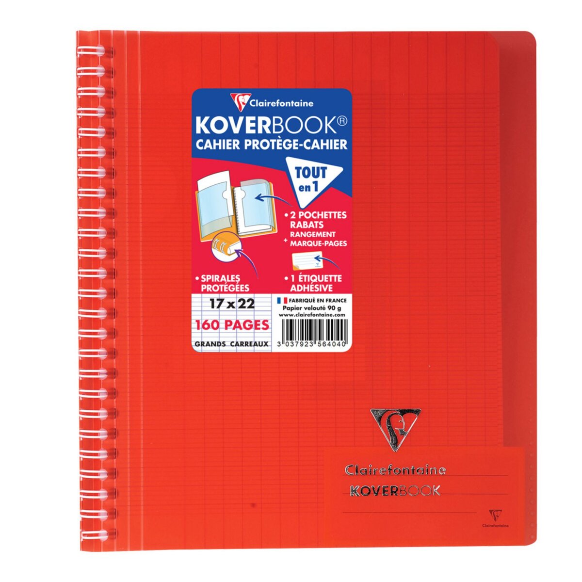 CLAIREFONTAINE Cahier à spirale polypro Koverbook 17x22cm 160 pages grands carreaux Seyes rouge transparent