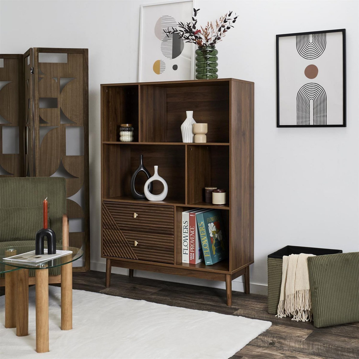 The Home Deco Factory Bibliothèque 2 tiroirs et 5 niches effet noyer TIFFANY - Marron