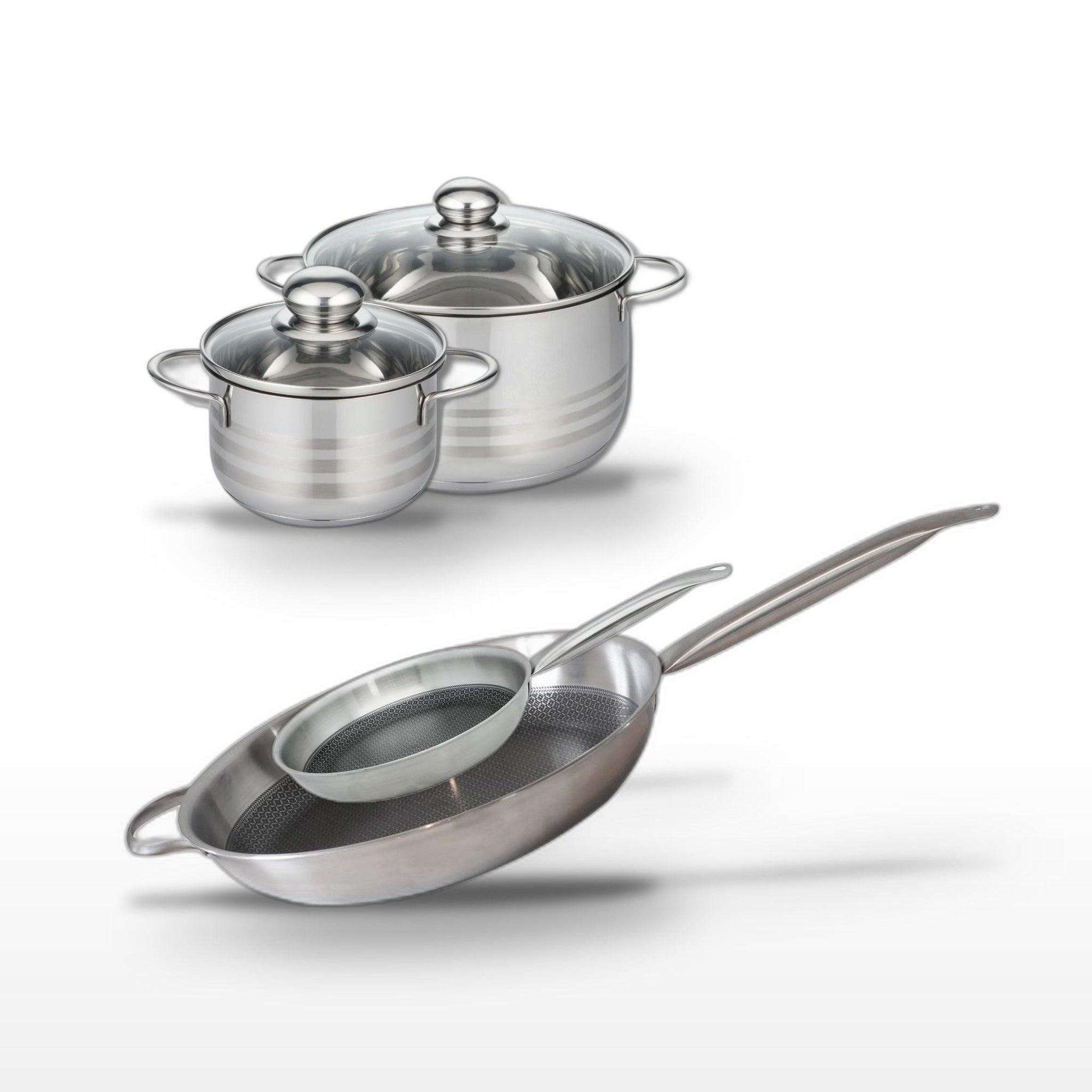 ELO Batterie de cuisine set de cuisson avec 2 faitouts 16/20 cm et 2 poêles 24/32 cm en inox elo collection relief solution brillant