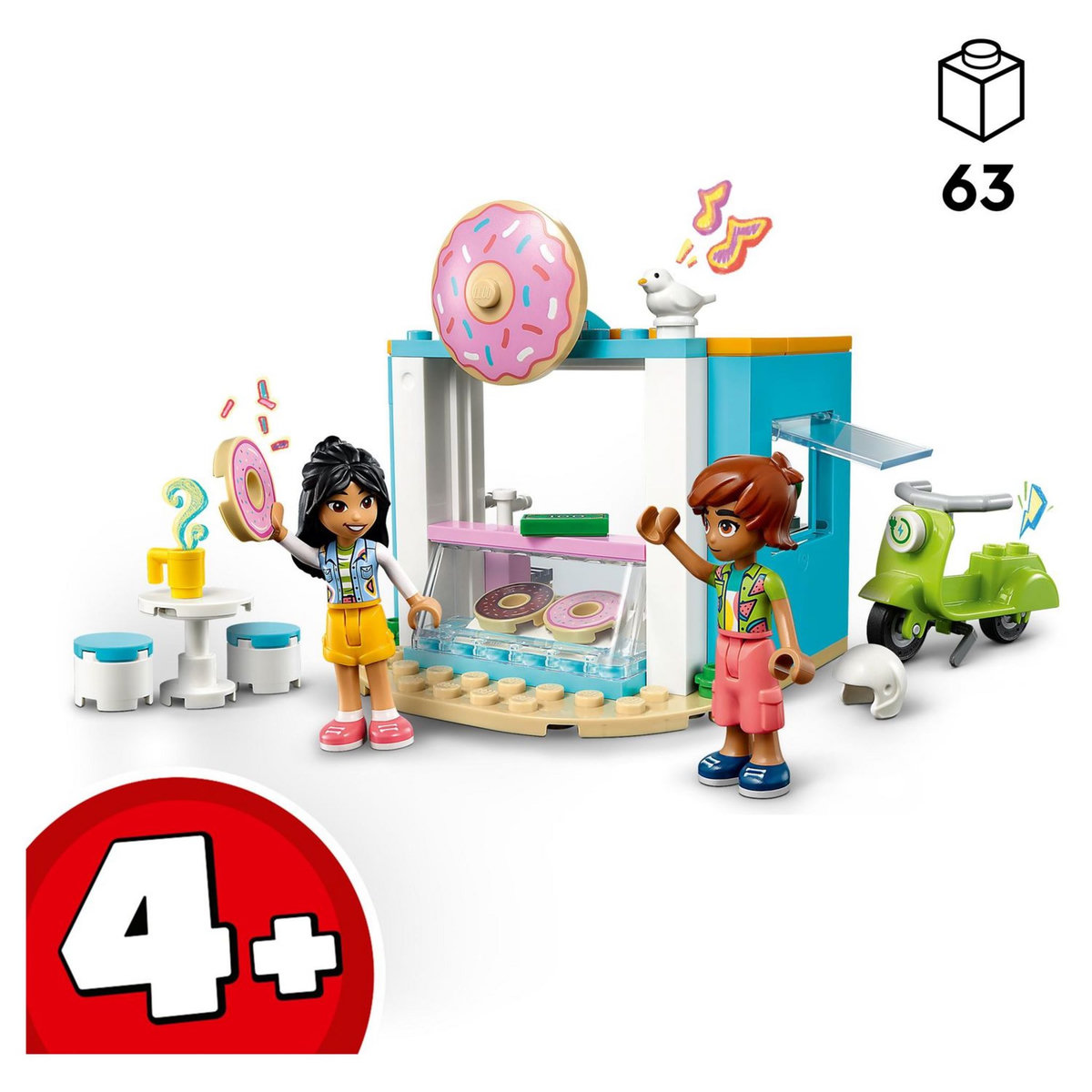 LEGO Friends 41723 Boutique de donuts, Set de Café, Jouet Filles et Garçons 4 Ans avec Mini-Poupées Liane et Léo et Scooter