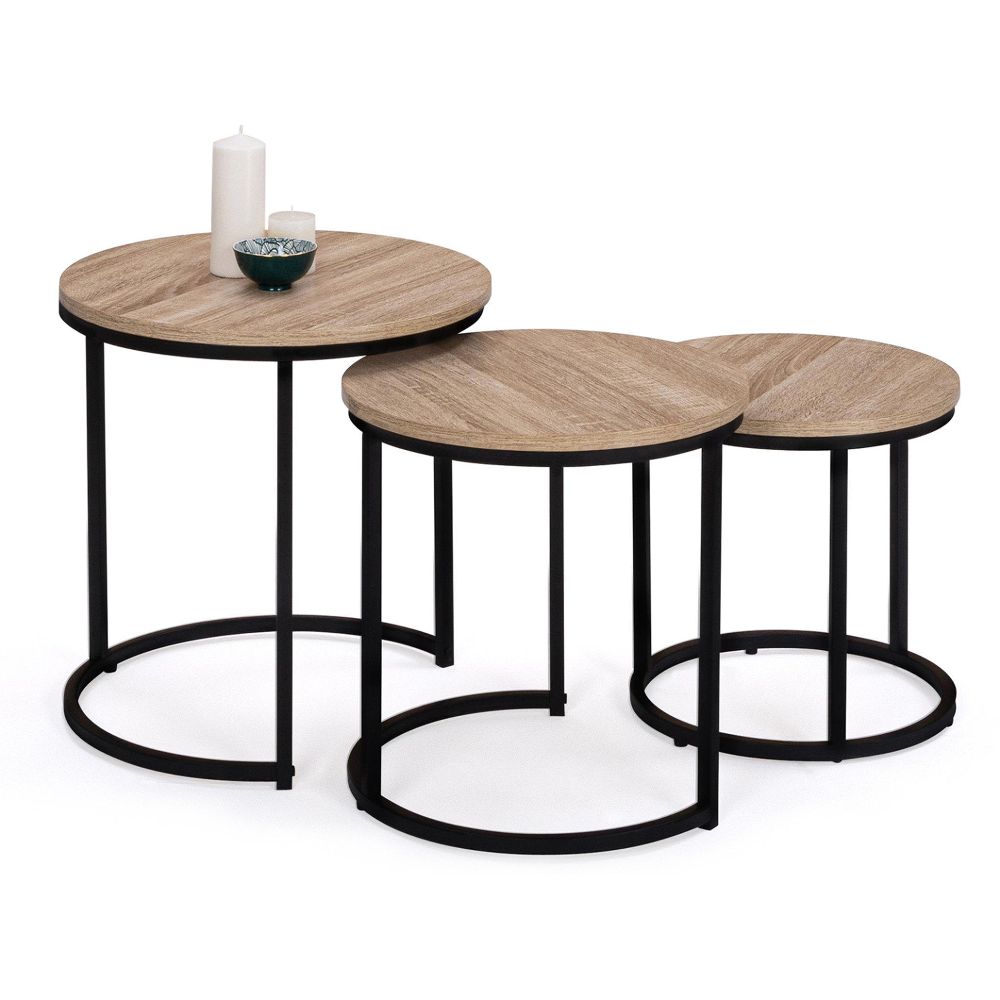 ID MARKET Lot de 3 tables basses gigognes detroit rondes 35/40/45 design industriel