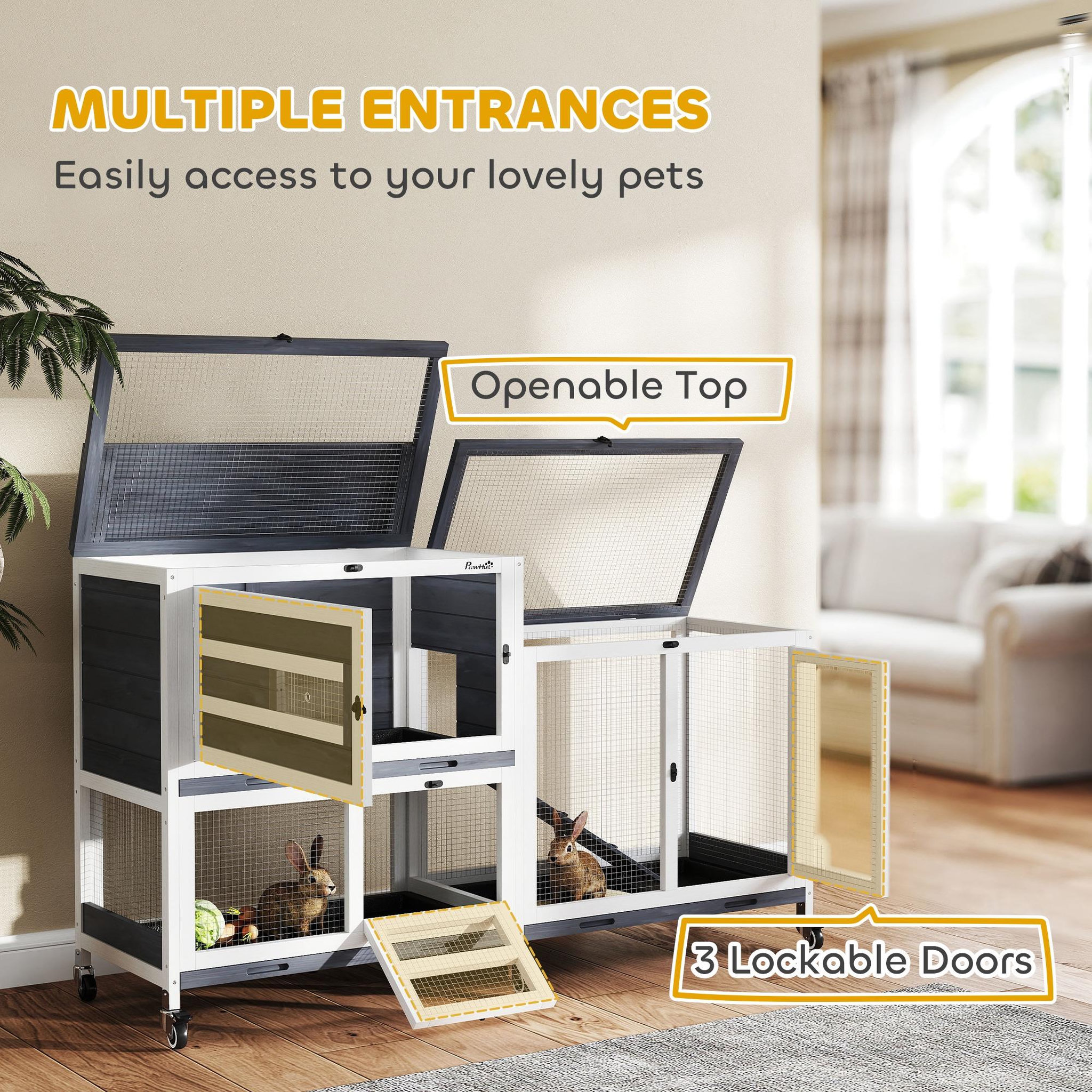 Voir la diapositive 5 : PAWHUT Clapier lapin sur roulettes - 3 portes, 2 toits ouvrants - 3 plateaux déjection - bois métal blanc gris