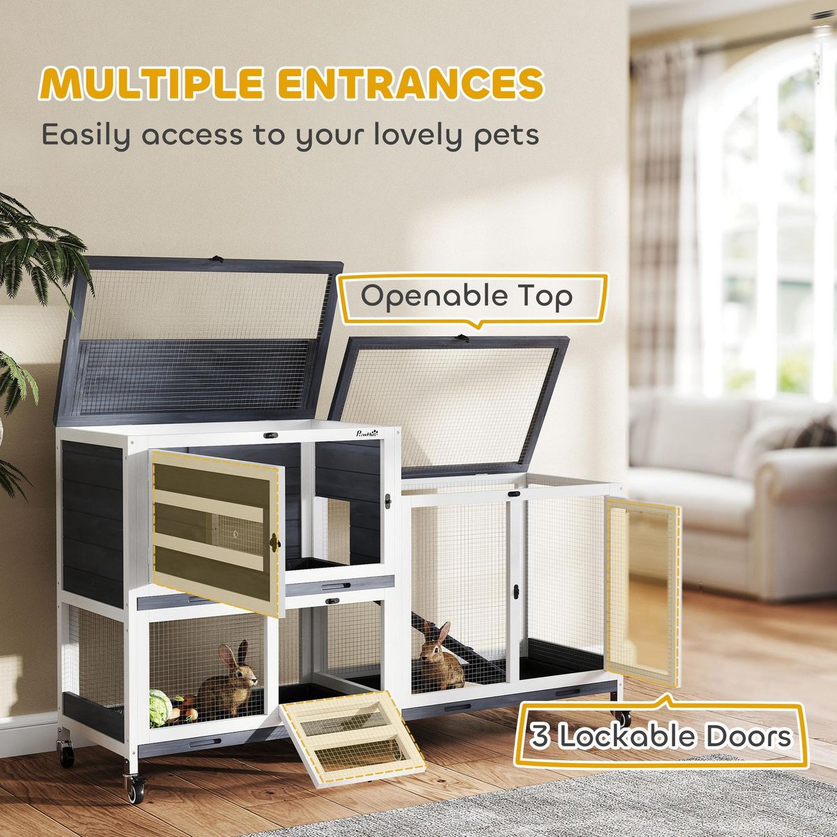 PAWHUT Clapier lapin sur roulettes - 3 portes, 2 toits ouvrants - 3 plateaux déjection - bois métal blanc gris