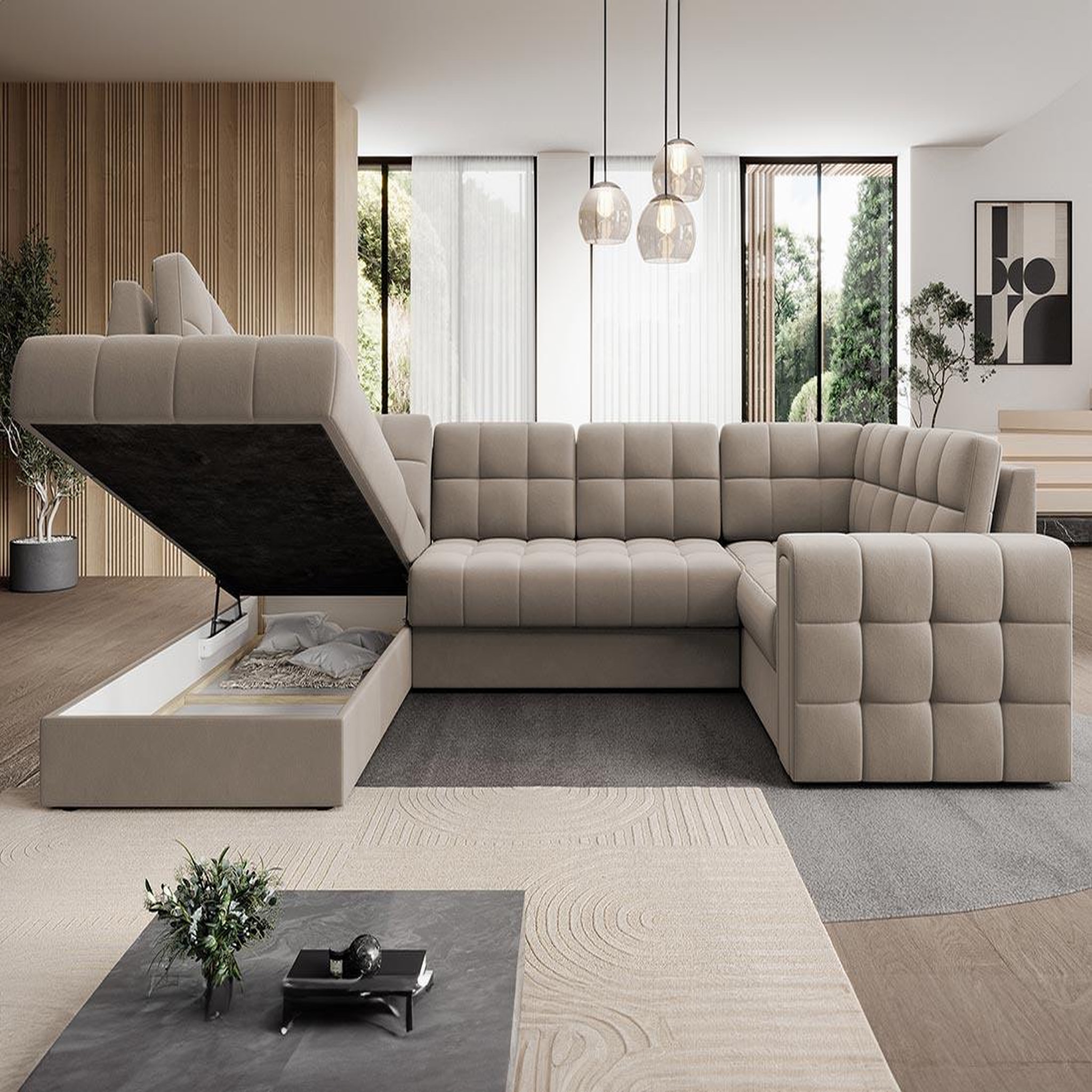 Voir la diapositive 3 : BEST MOBILIER Nappa - canapé panoramique d'angle droit 7 places convertible avec coffre en velours