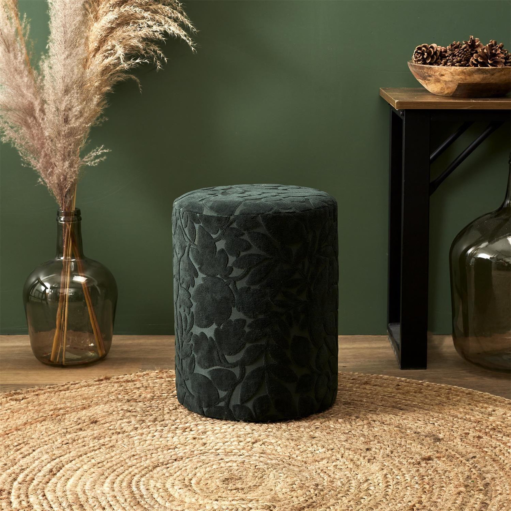 Voir la diapositive 2 : The Home Deco Factory Pouf en tissu motif feuilles - Vert foncé