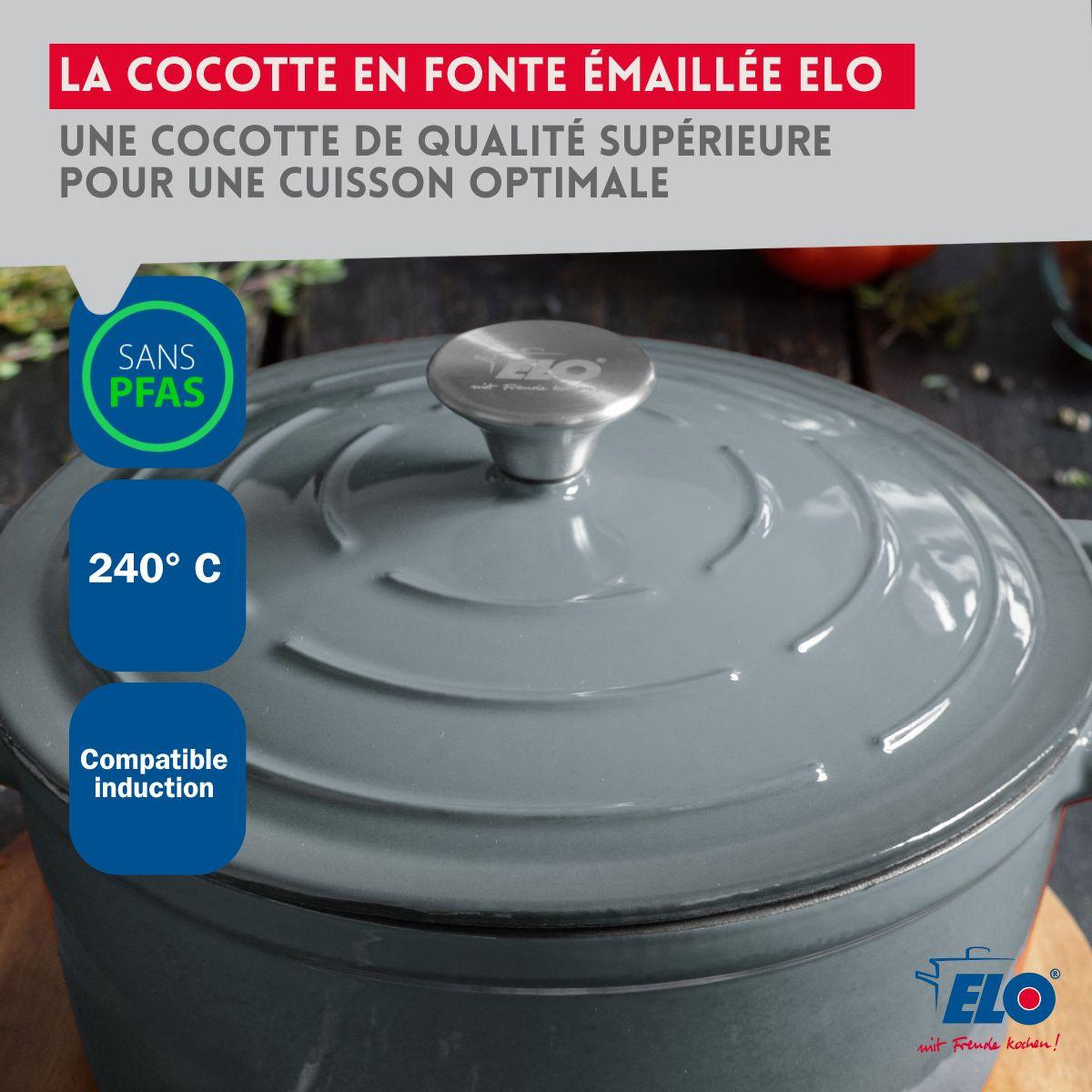 Voir la diapositive 6 : ELO Cocotte 26 cm en fonte émaillée gris classique 4.5 l elo