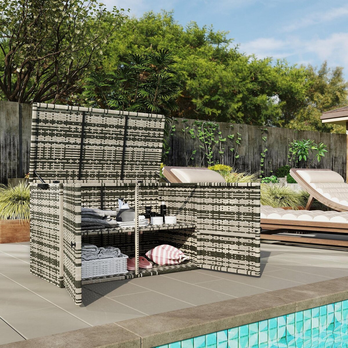 OUTSUNNY Coffre de jardin 3 portes étagère 350L dim. 118 x 57 x 69 cm résine tressée camaïeu de gris