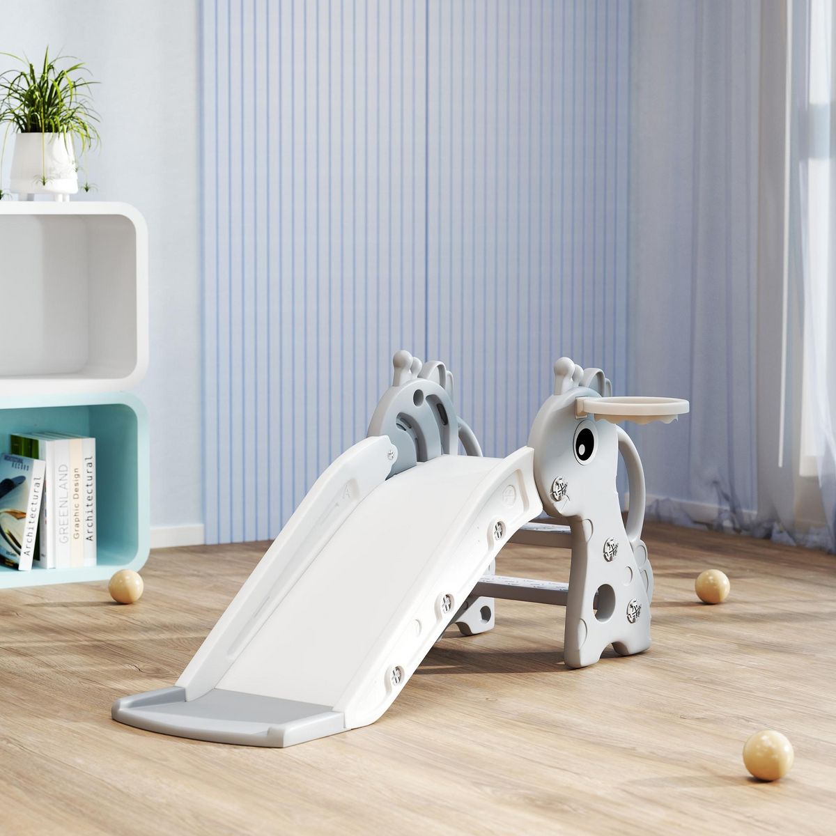 HOMCOM Toboggan enfant design girafon - panier de basket-ball intégré - ballon, pompe inclus - plastique gris blanc