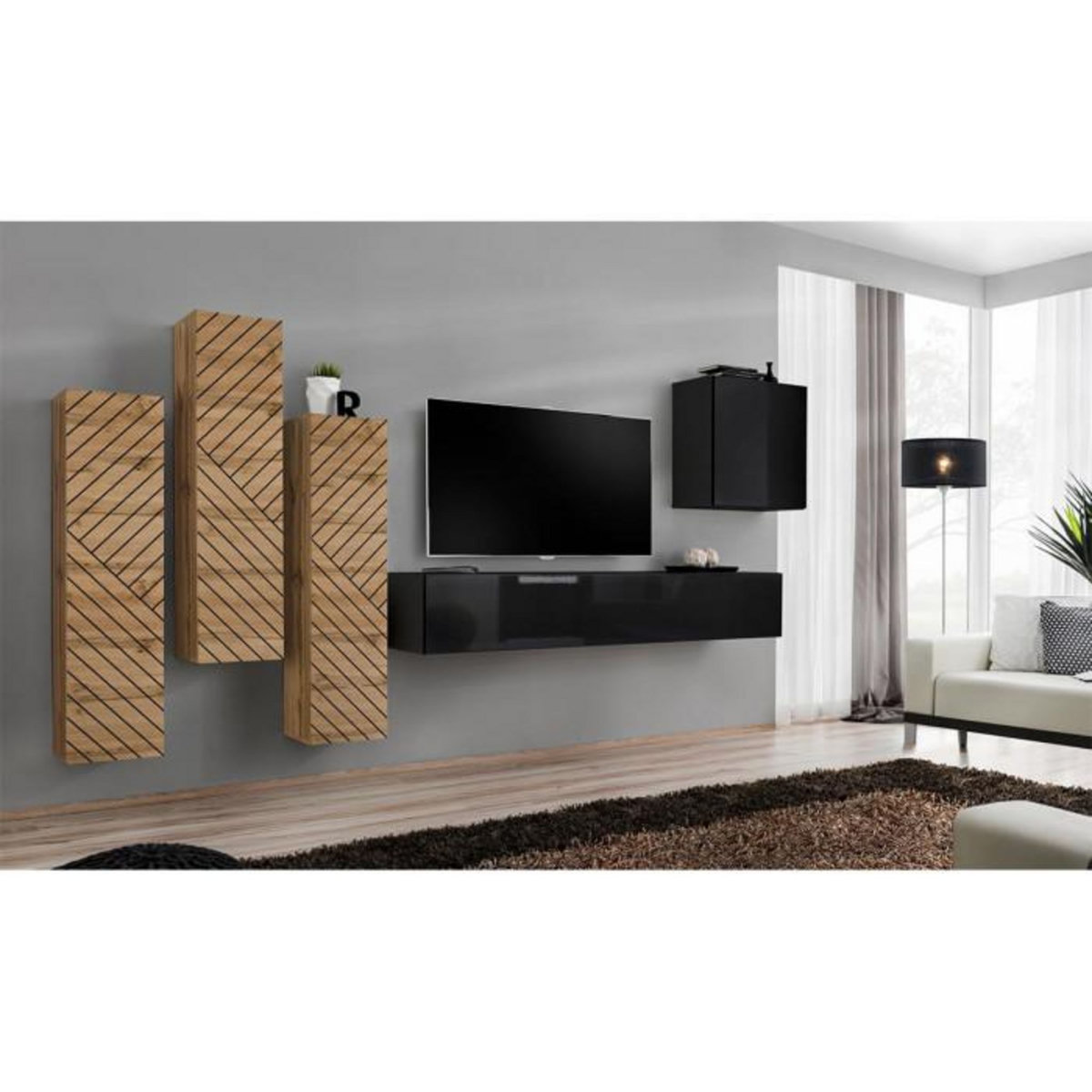 Paris Prix Ensemble Meuble TV  Switch Lamel III  330cm Noir & Naturel