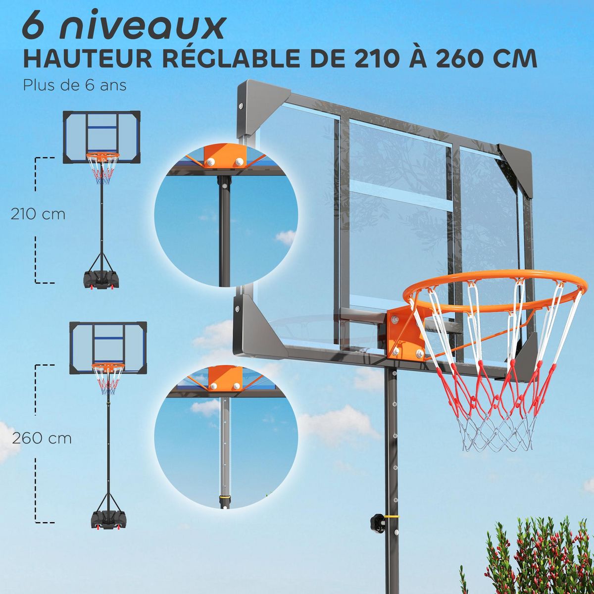 HOMCOM Panier de basketball sur pied - hauteur réglable 210-260 cm - base de lestage 2 roulettes - acier PVC bleu noir