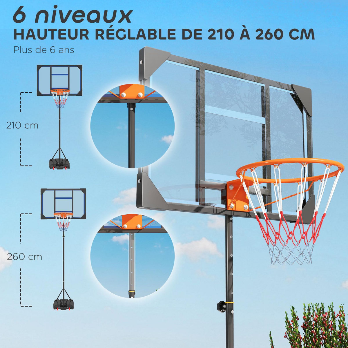 HOMCOM Panier de basketball sur pied - hauteur réglable 210-260 cm - base de lestage 2 roulettes - acier PVC bleu noir
