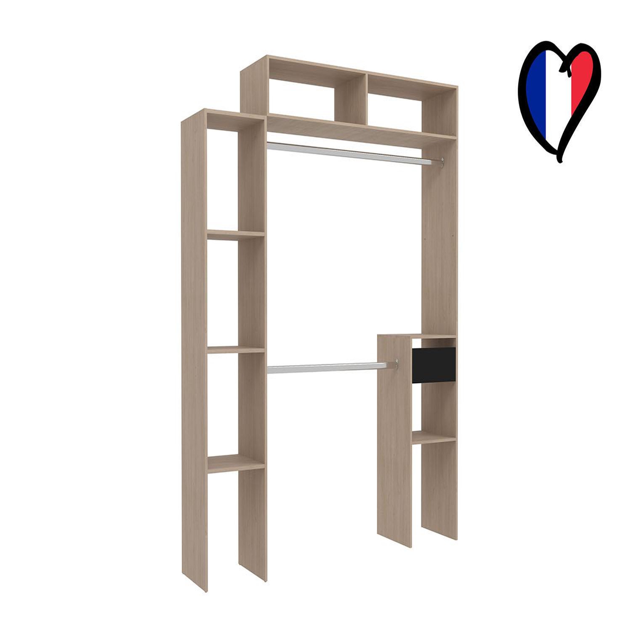 Voir la diapositive 3 : CONCEPT USINE Dressing bois extensible avec 2 penderies, 4 étagères et 1 tiroir ELYSEE