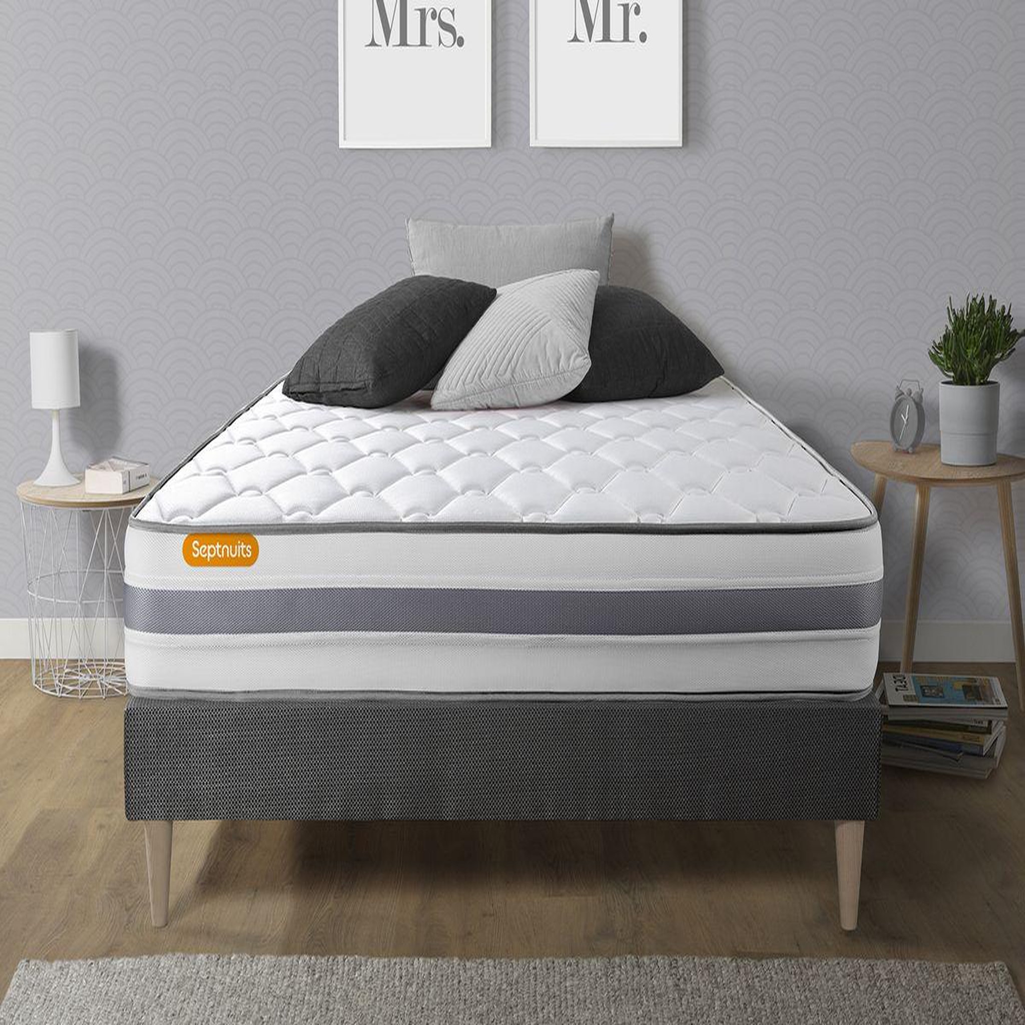 Voir la diapositive 1 : SEPTNUITS Matelas + sommier kit gris Memo Spring Ressorts ensachés MAXI épaisseur