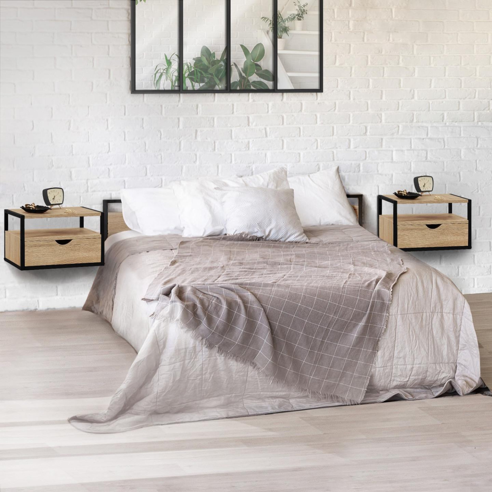 Voir la diapositive 6 : ID MARKET Lot de 2 tables de chevet murales detroit 1 tiroir + 1 tablette suspendus bois et métal noir design industriel