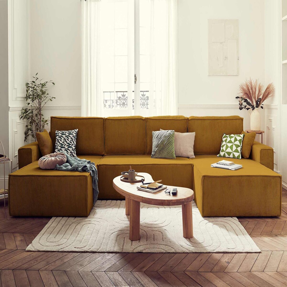 BEST MOBILIER Dellia - canapé panoramique en u - 7 places - convertible - avec coffre - en velours côtelé