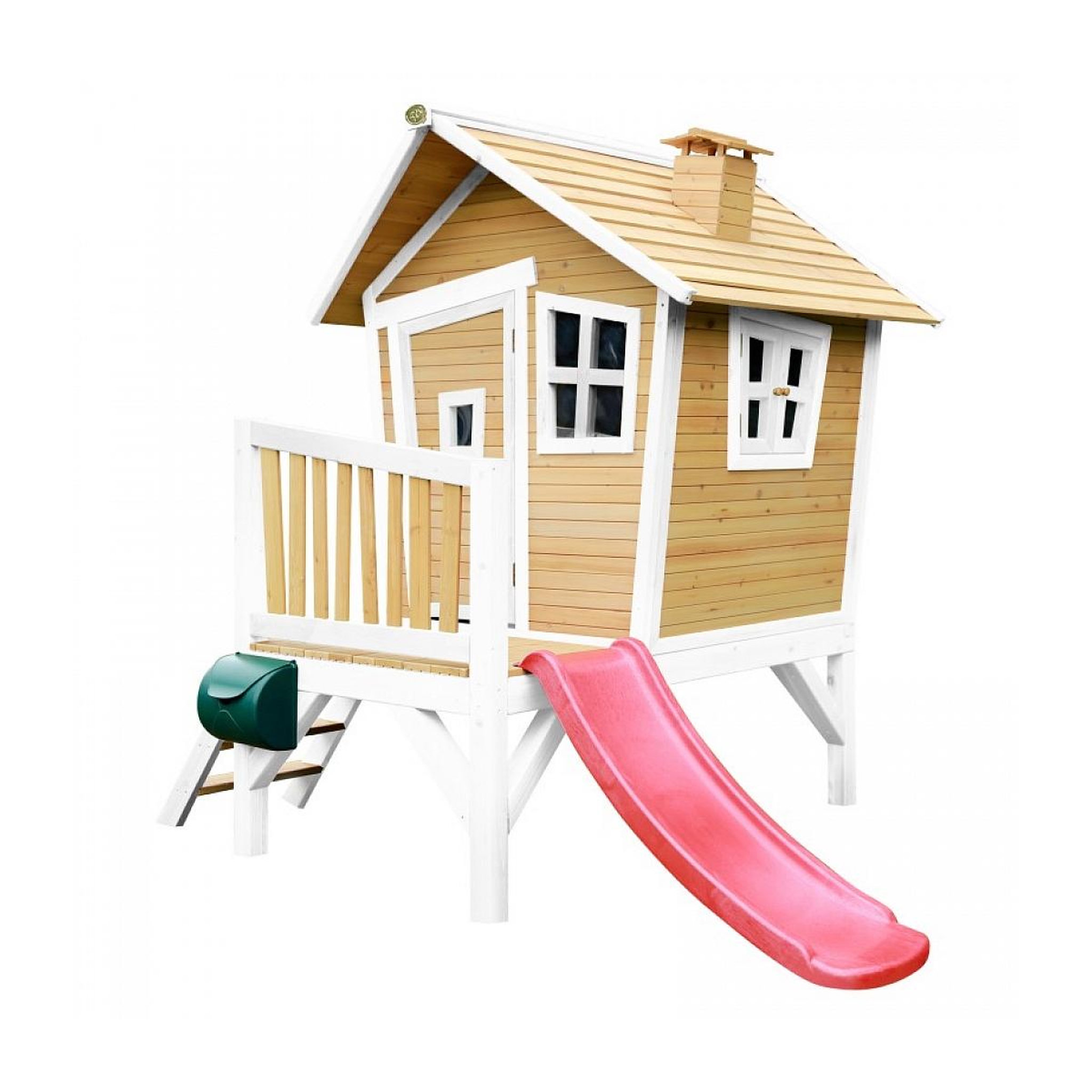 Axi House AXI Cabane enfant ROBIN Brun Blanc avec toboggan Rouge