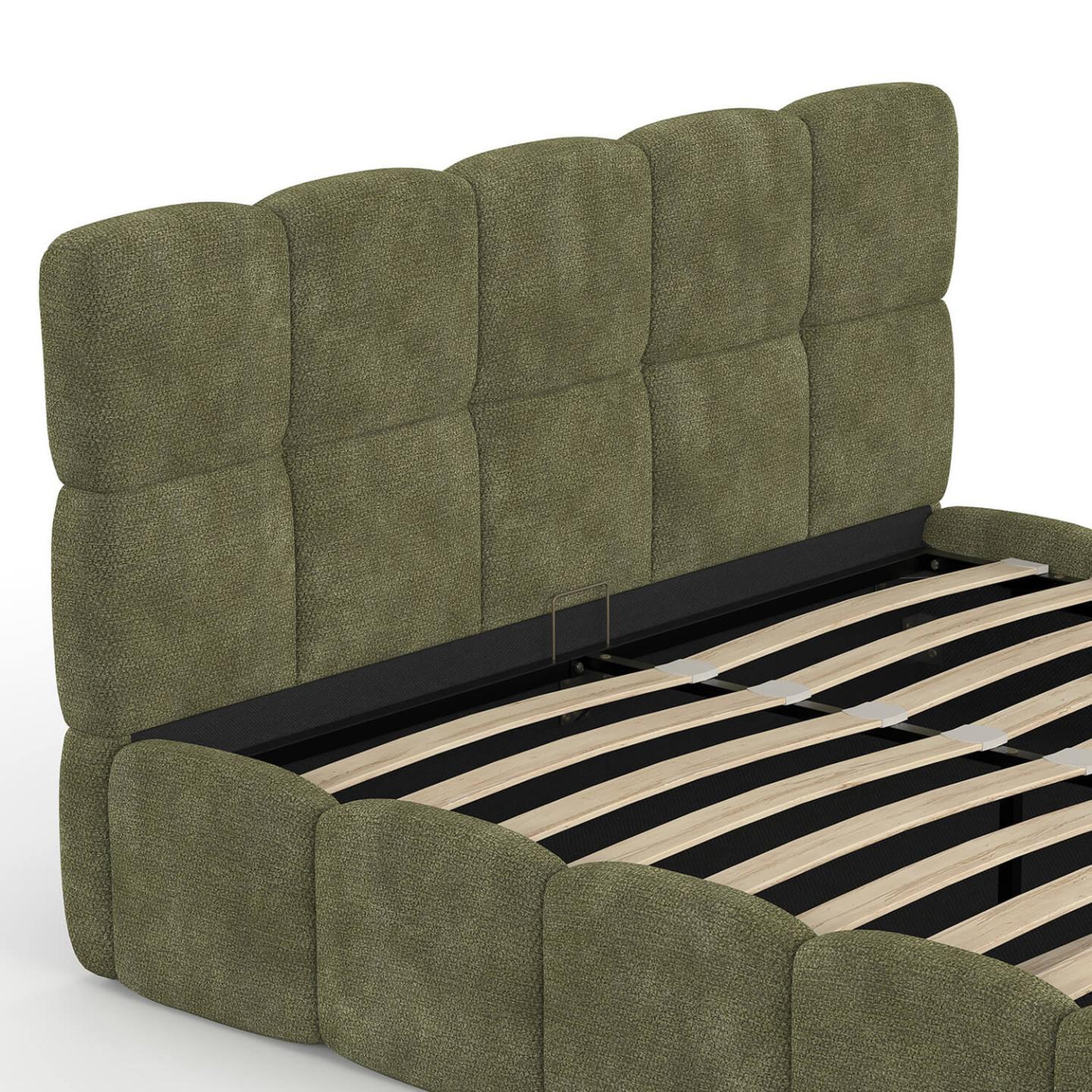 Voir la diapositive 6 : ID MARKET Lit coffre double nuage avec tête de lit matelassée et sommier 140 x 190 cm tissu chenille vert kaki