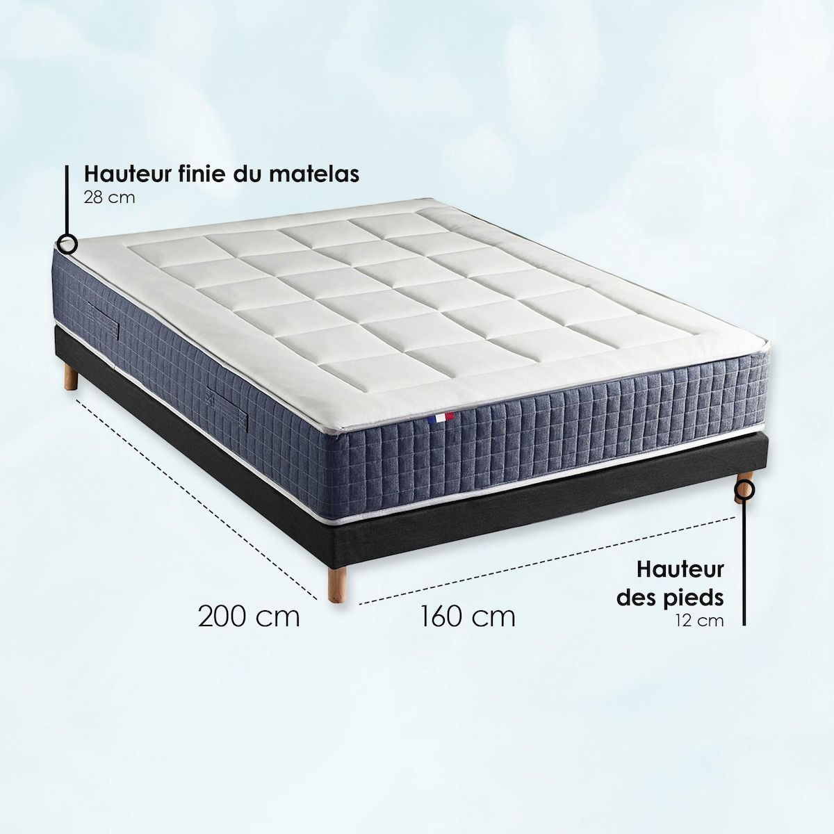 IDLITERIE Ensemble Matelas Ressort 7 zones + Mémoire de forme + Sommier KING STYLE + couette + oreillers - Fabriqué en France