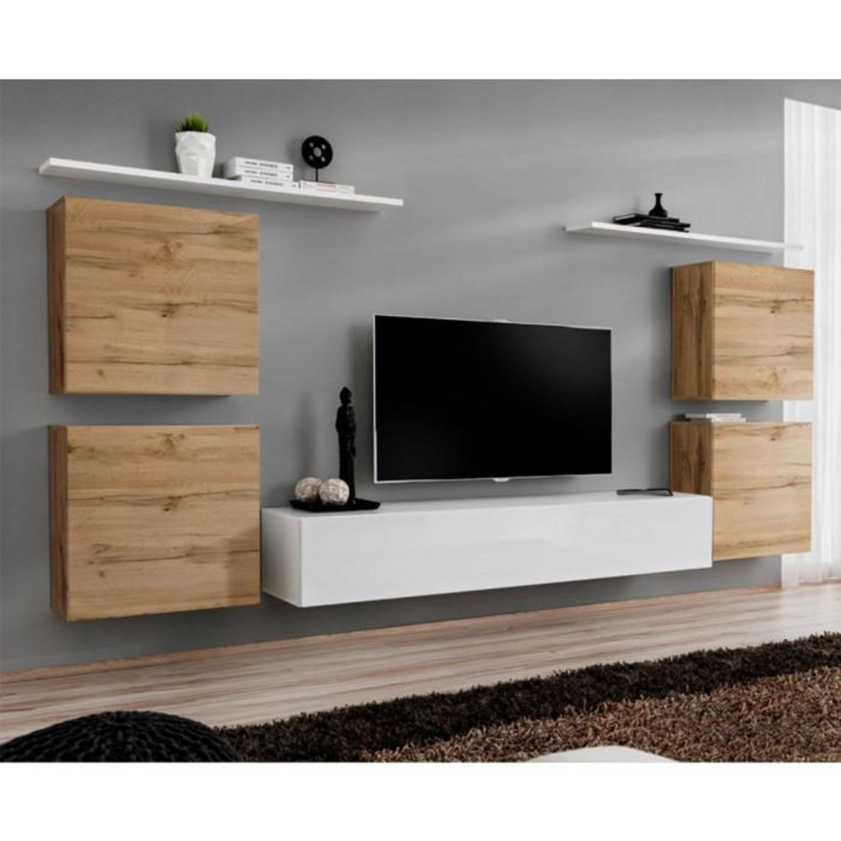 Paris Prix Meuble TV Mural Design  Switch IV  320cm Naturel & Blanc