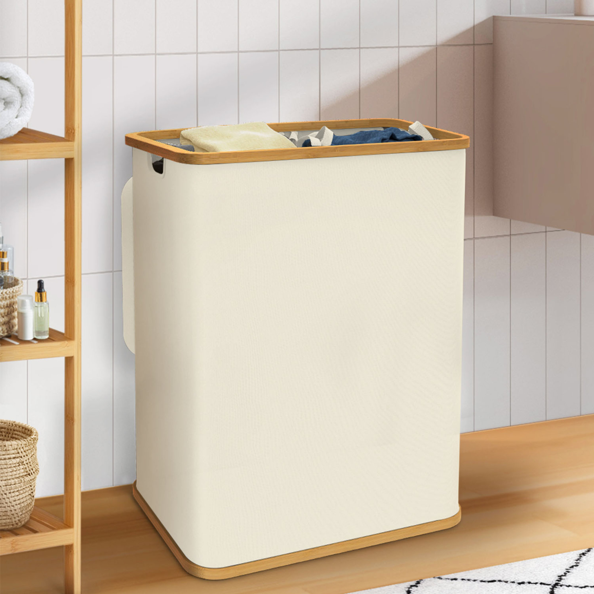 Voir la diapositive 2 : ID MARKET Panier à linge 140 l 2 bacs amovibles bambou rita tissu écru