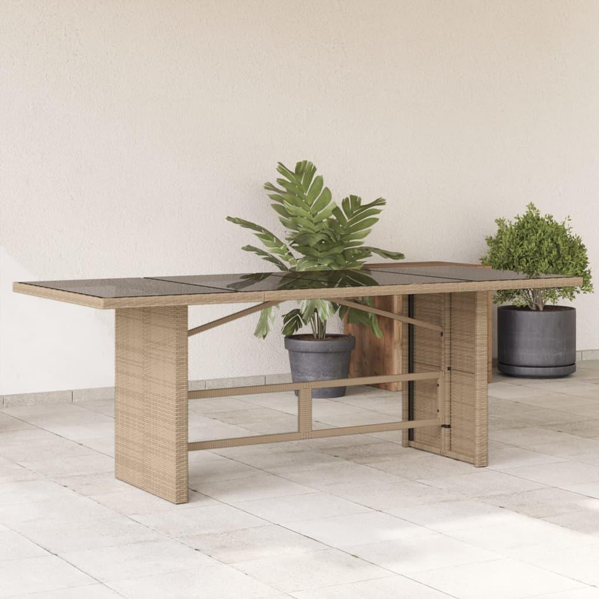 VIDAXL Table de jardin avec dessus en verre beige resine tressee