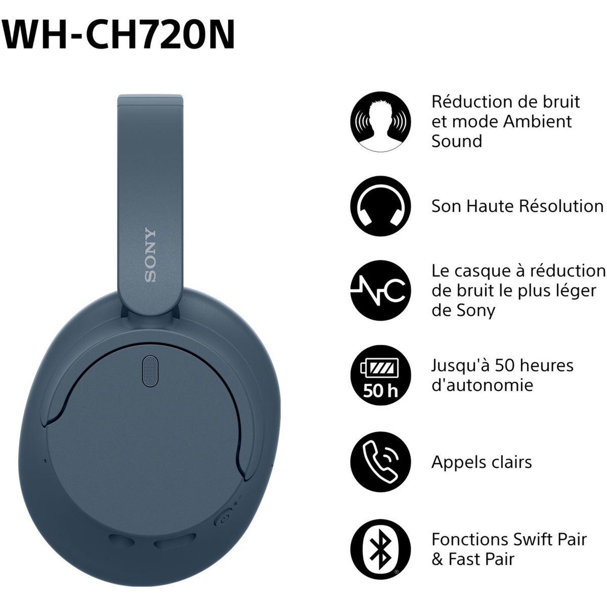 Voir la diapositive 2 : SONY Casque WH-CH720N Bleu