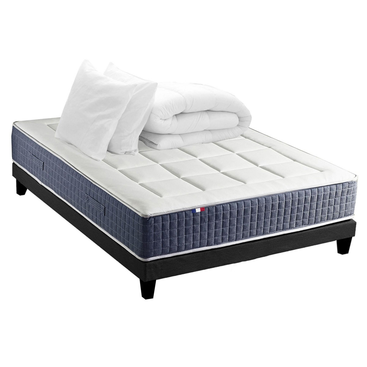 IDLITERIE Ensemble Matelas Ressort 7 zones + Mémoire de forme + Sommier KING STYLE + couette + oreillers - Fabriqué en France