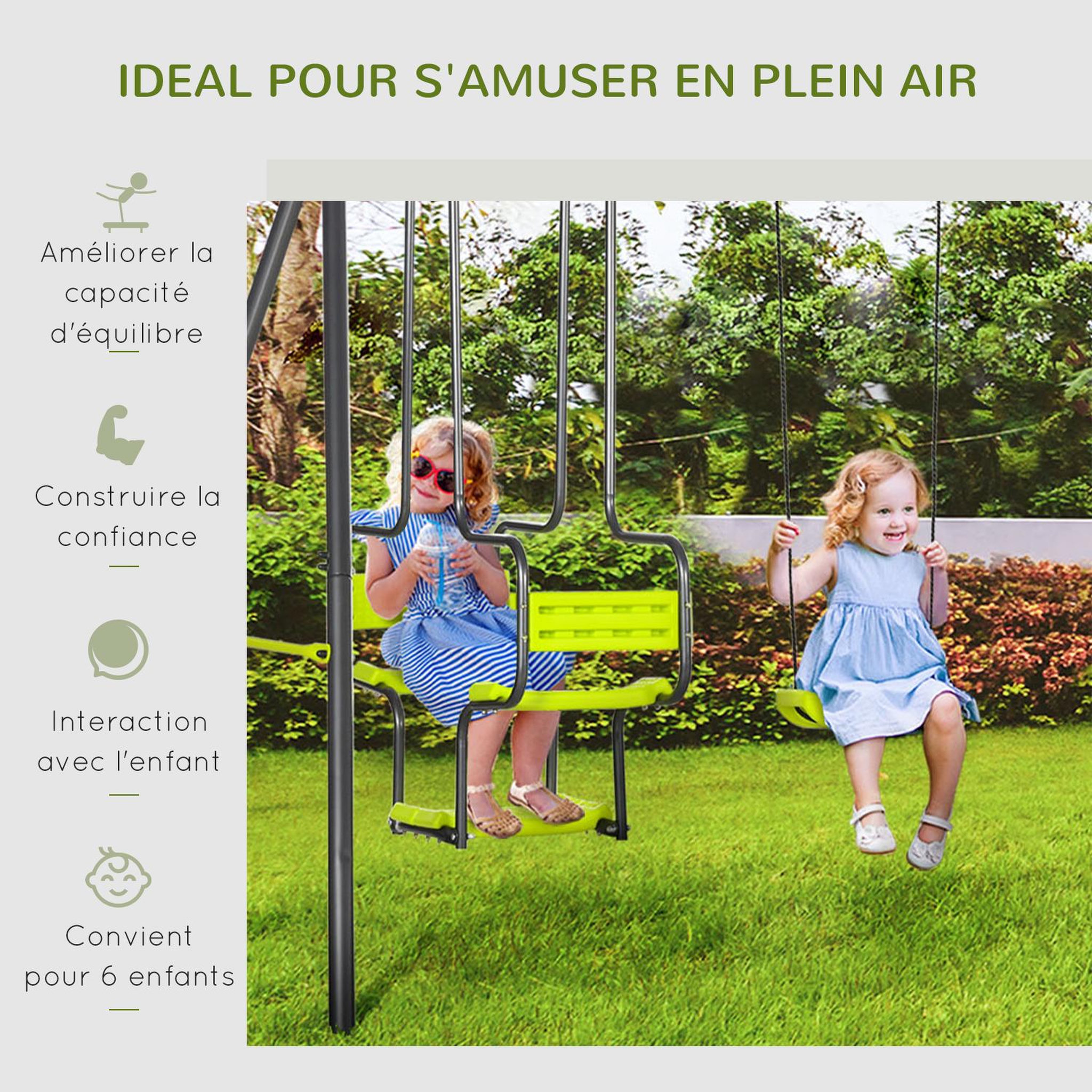 Voir la diapositive 5 : OUTSUNNY Balançoire 4 agrès portique avec 2 balançoires et 2 face à face dim. 3,55L x 1,84l x 1,86H m acier époxy gris PE vert