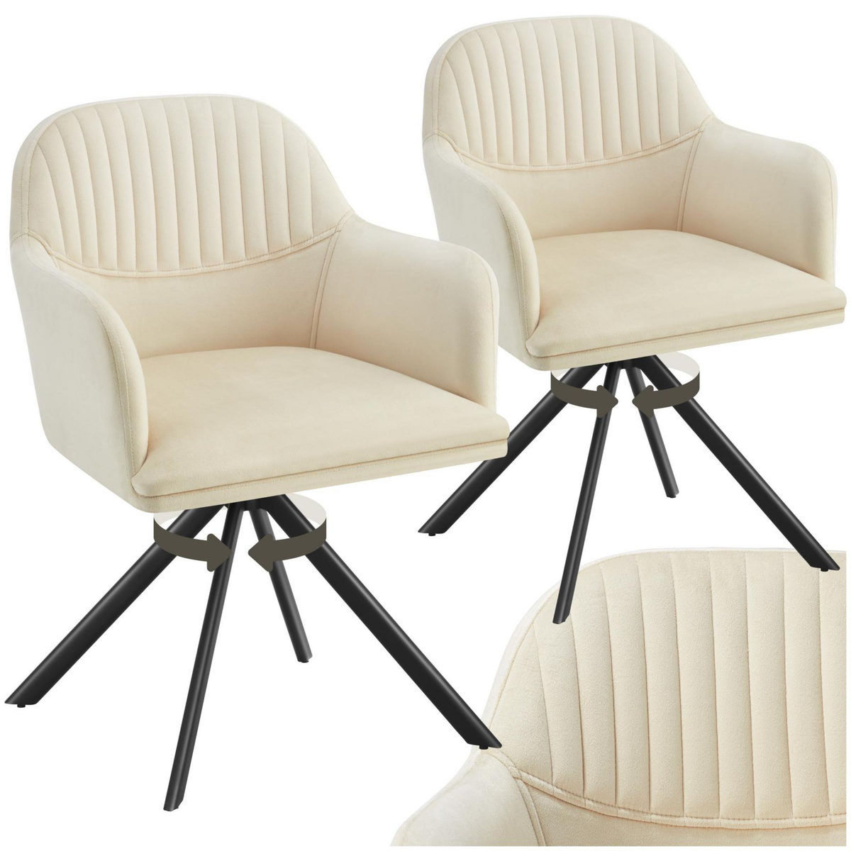 tectake Chaise pivotante en velours rembourrée crème/noir Lot de 2