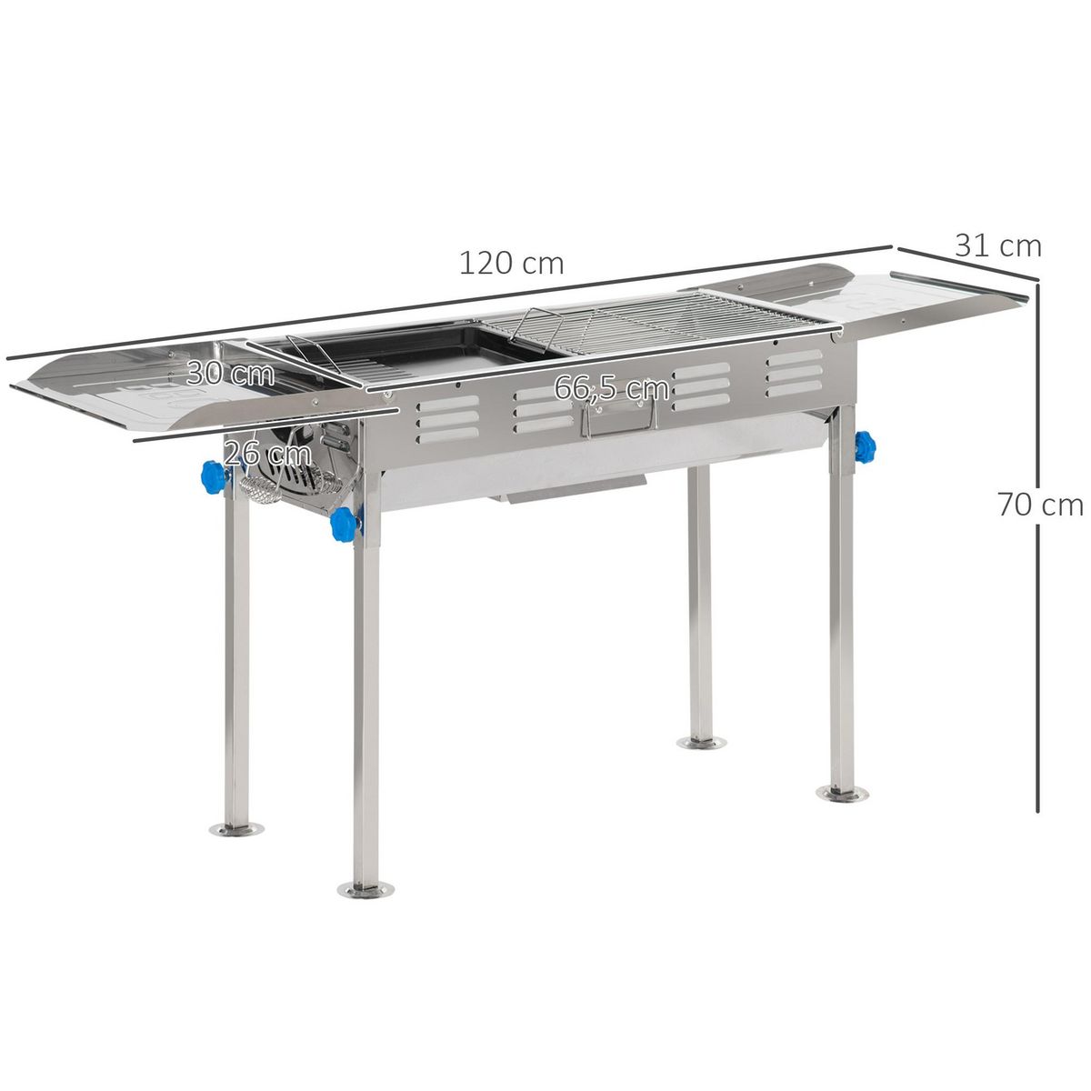 OUTSUNNY Barbecue à charbon pliable portable réglable BBQ grill sur pied avec tablettes rabattables, grille, plaque teppanyaki, pinces, récupérateur cendres acier inox.