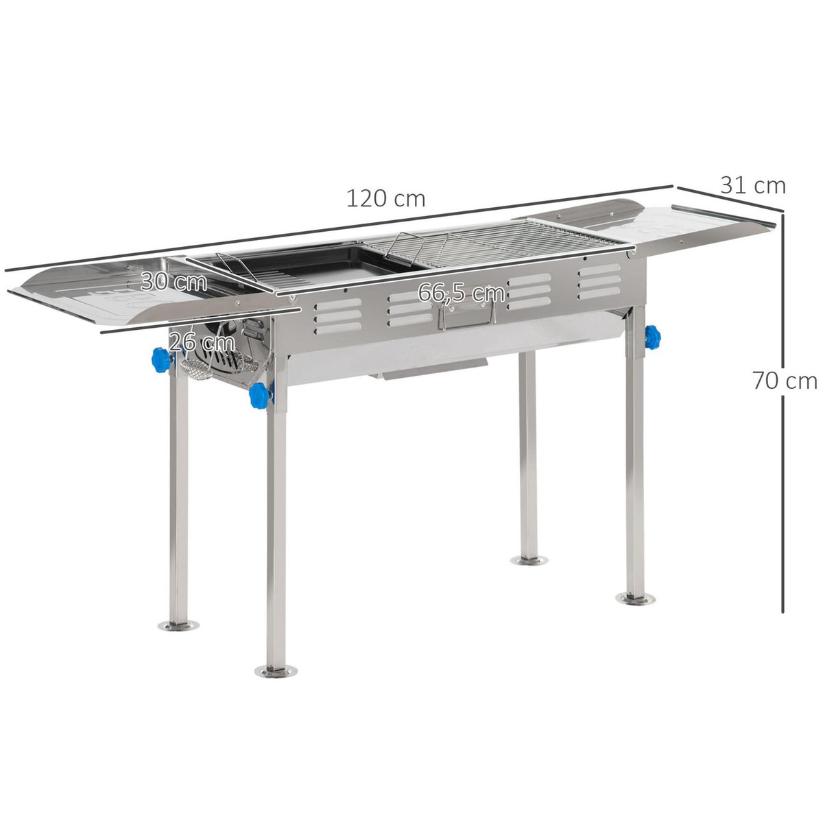 OUTSUNNY Barbecue à charbon pliable portable réglable BBQ grill sur pied avec tablettes rabattables, grille, plaque teppanyaki, pinces, récupérateur cendres acier inox.