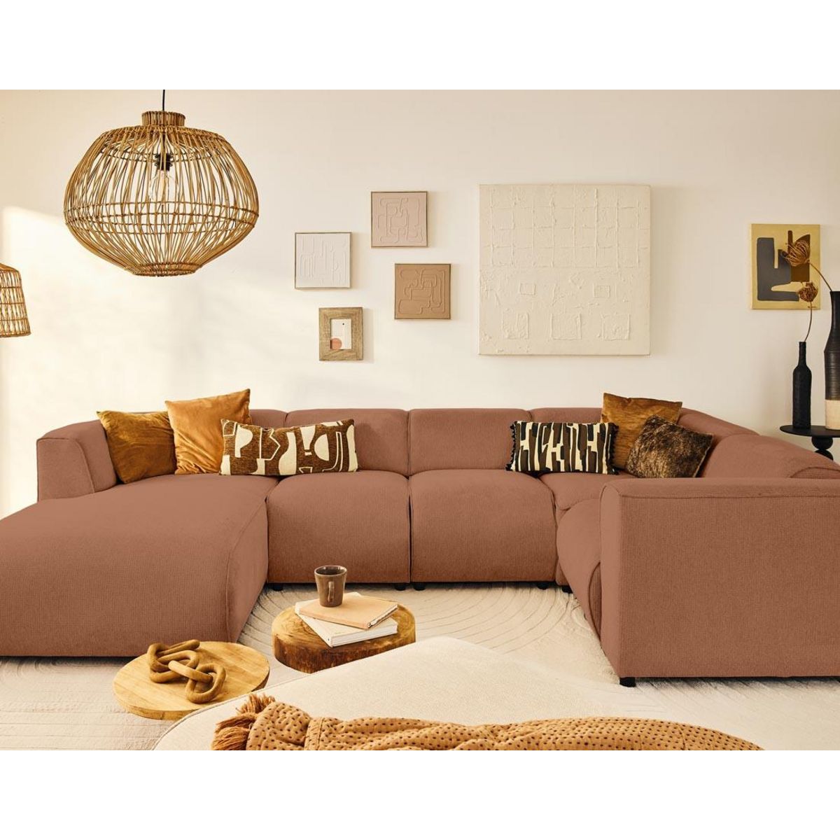 LISA DESIGN Suaro - canapé modulable panoramique d'angle droit 7 places en tissu texturé