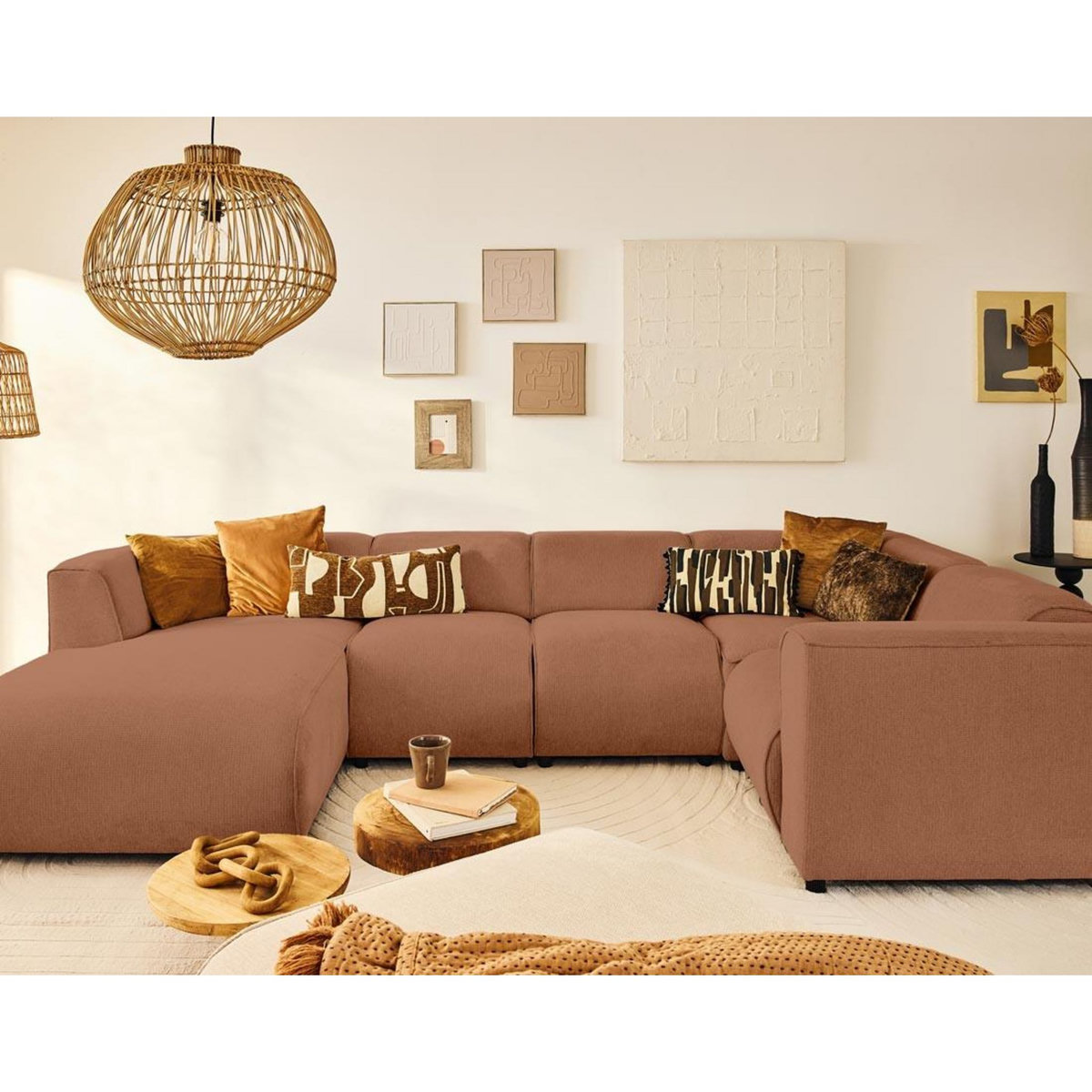 LISA DESIGN Suaro - canapé modulable panoramique d'angle droit 7 places en tissu texturé