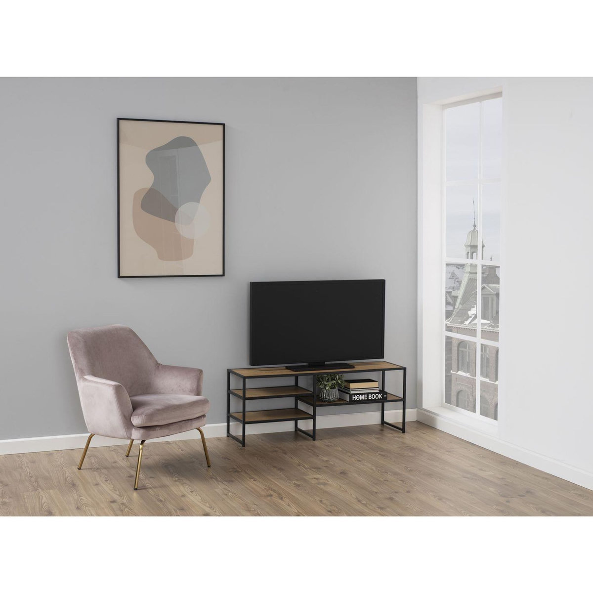 TOILINUX Meuble TV Sireine en MDF et métal avec 3 étagères de rangement