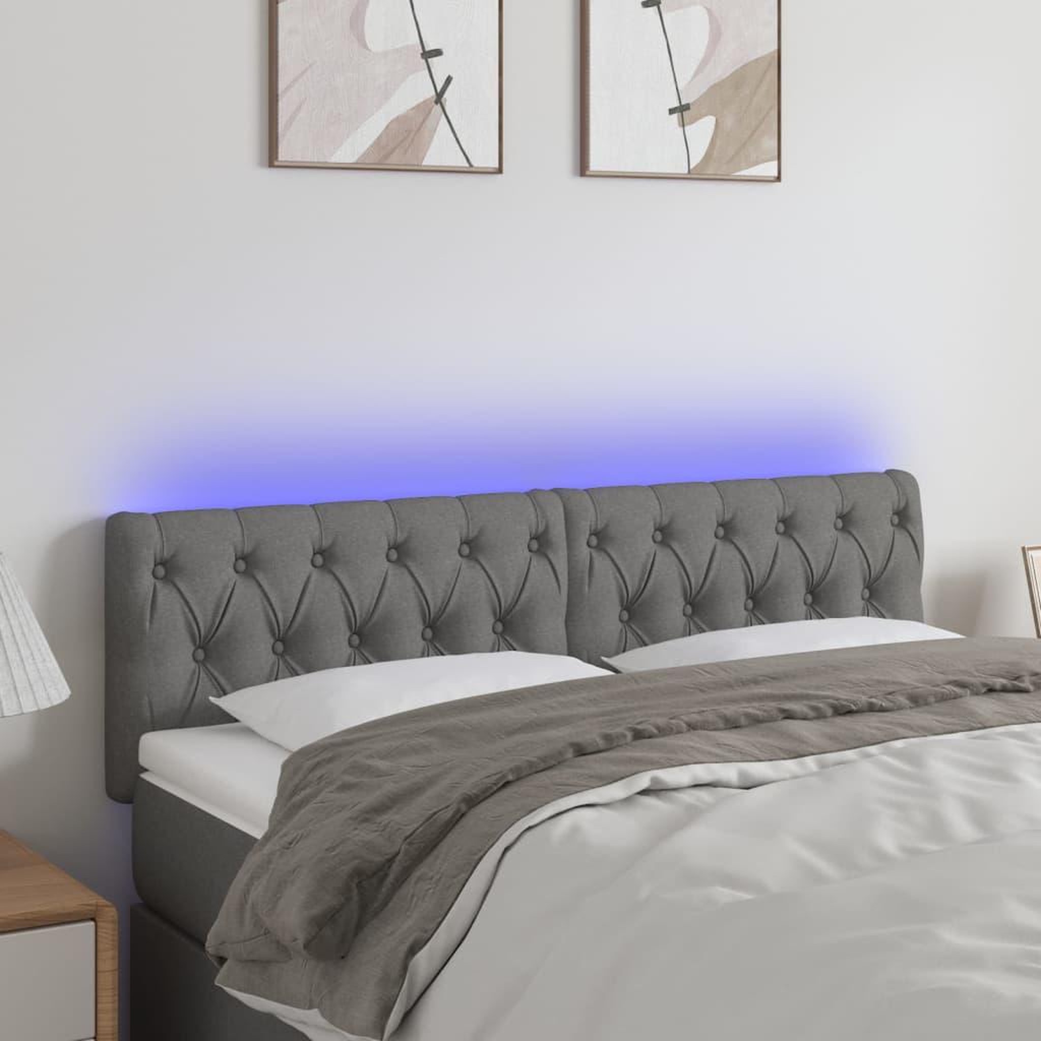 Voir la diapositive 1 : VIDAXL Tete de lit a LED Gris fonce 144x7x78/88 cm Tissu