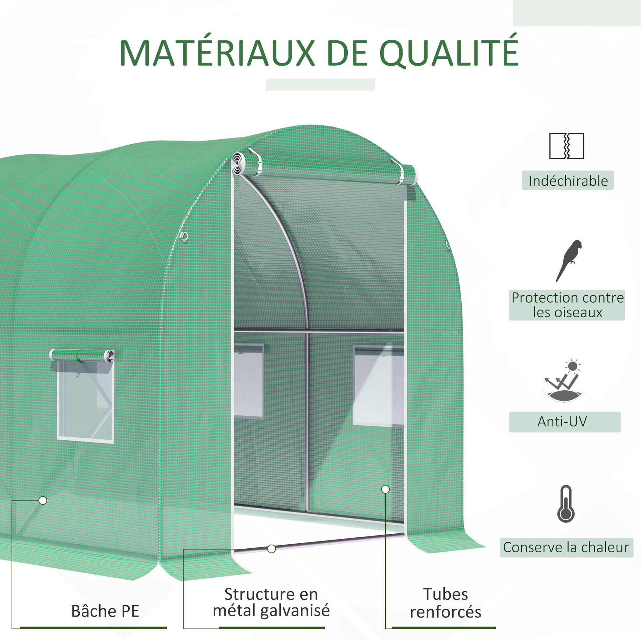Voir la diapositive 5 : OUTSUNNY Serre de jardin tunnel surface sol 6 m² 3l x 2l x 2h m châssis tubulaire renforcé porte zippée 6 fenêtres enroulables vert