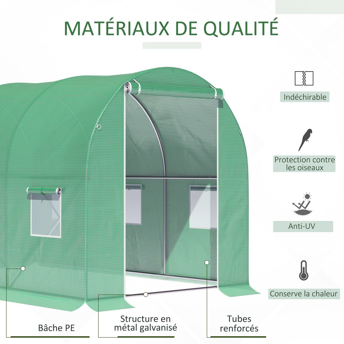OUTSUNNY Serre de jardin tunnel surface sol 6 m² 3L x 2l x 2H m châssis tubulaire renforcé porte zippée 6 fenêtres enroulables vert