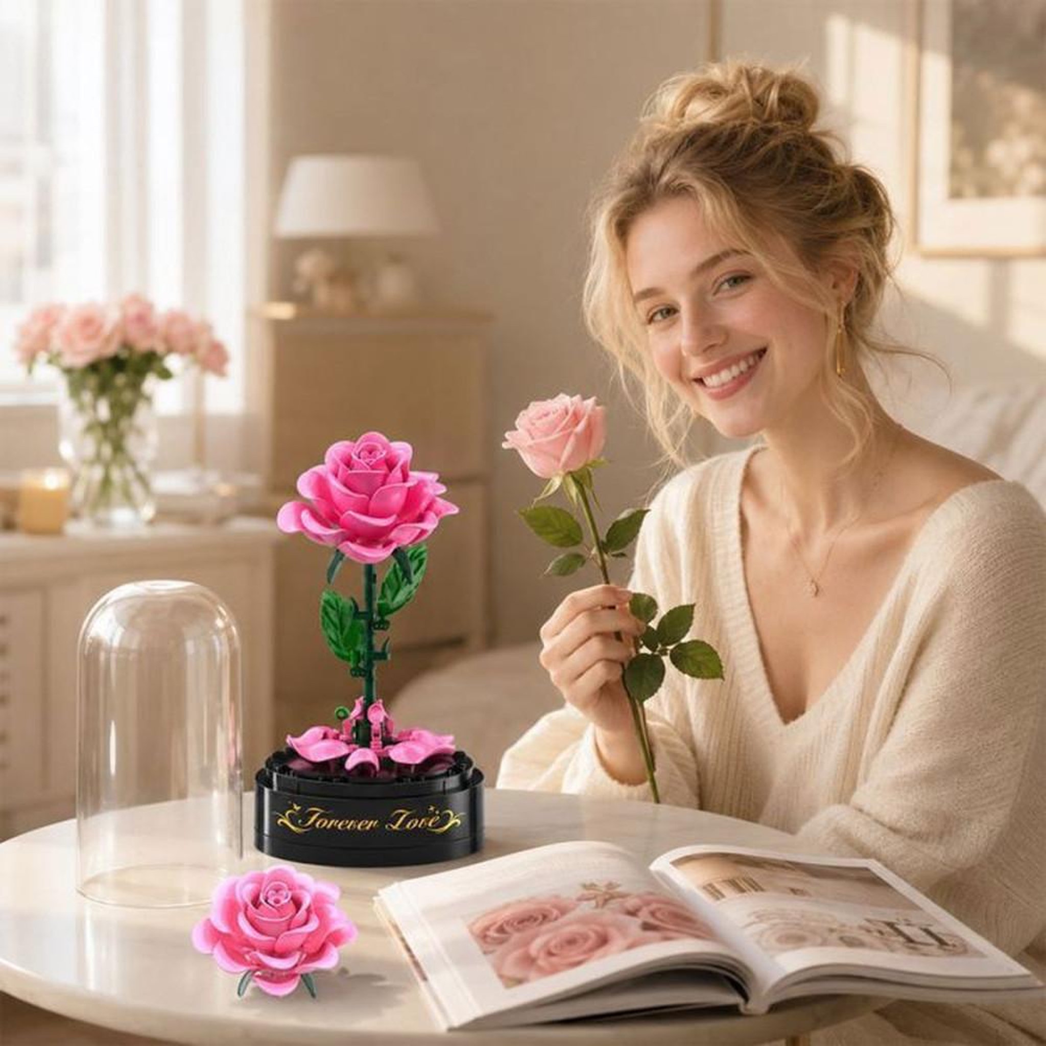 Voir la diapositive 4 : Kit de construction bouquet de roses gothiques avec LEDs intégrées, 126 pièces, fleurs rose et base noire