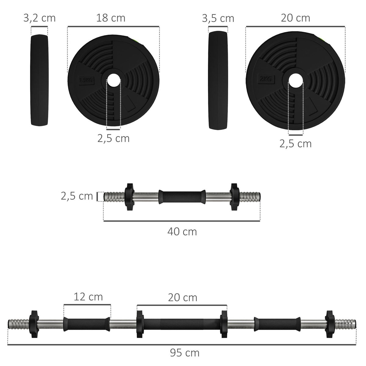 HOMCOM Haltères 2 en 1 réglables - haltères libres 15 Kg - barres incluses - entraînement musculaire & haltérophilie - noir vert