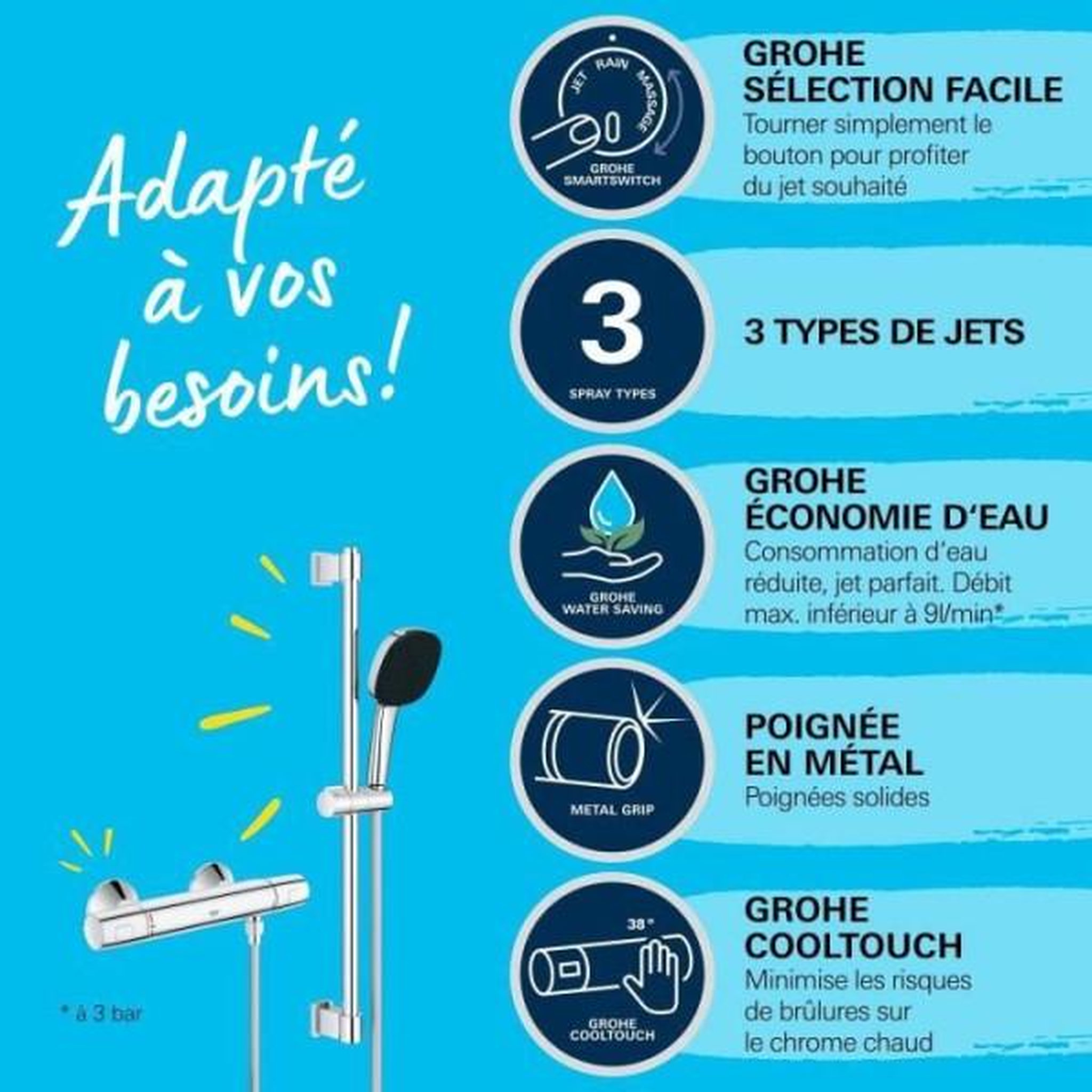 Voir la diapositive 4 : Grohe Ensemble de douche avec mitigeur thermostatique, pommeau 3 jets, barre 60cm et flexible - GROHE 34237003 - Economie d'eau - Chro