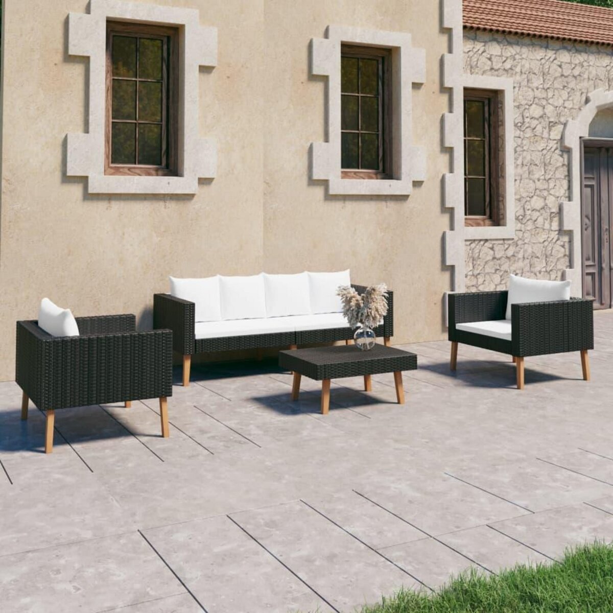 VIDAXL Salon de jardin 4 pcs avec coussins Resine tressee Noir