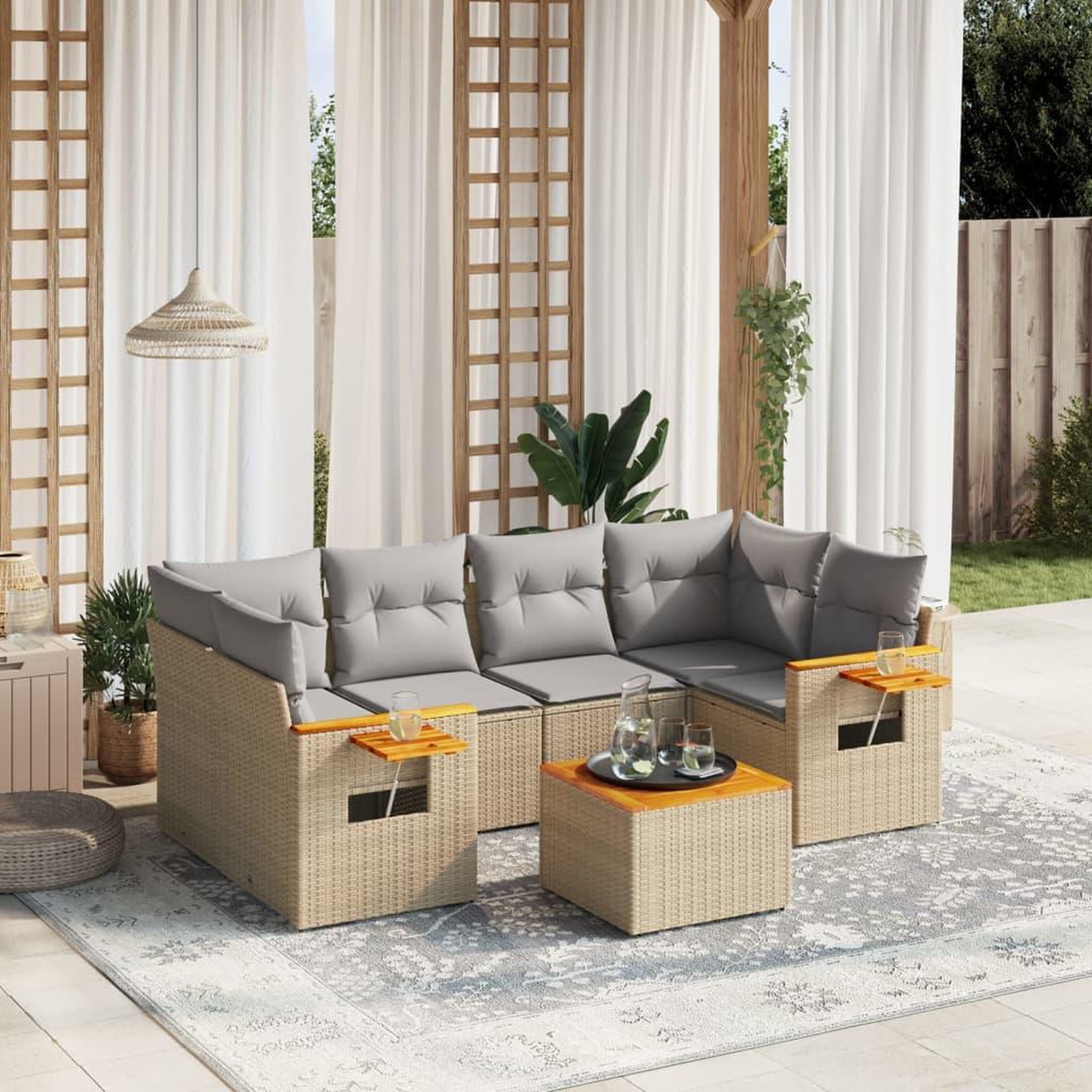 VIDAXL Salon de jardin avec coussins 7 pcs beige resine tressee