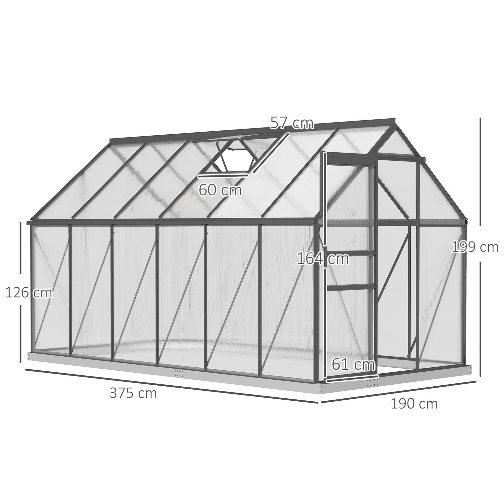 Voir la diapositive 3 : OUTSUNNY Serre de jardin polycarbonate alu 7 m² dim. 3,75l x 1,9l x 1,99h m lucarne réglable fondation porte coulissante gris