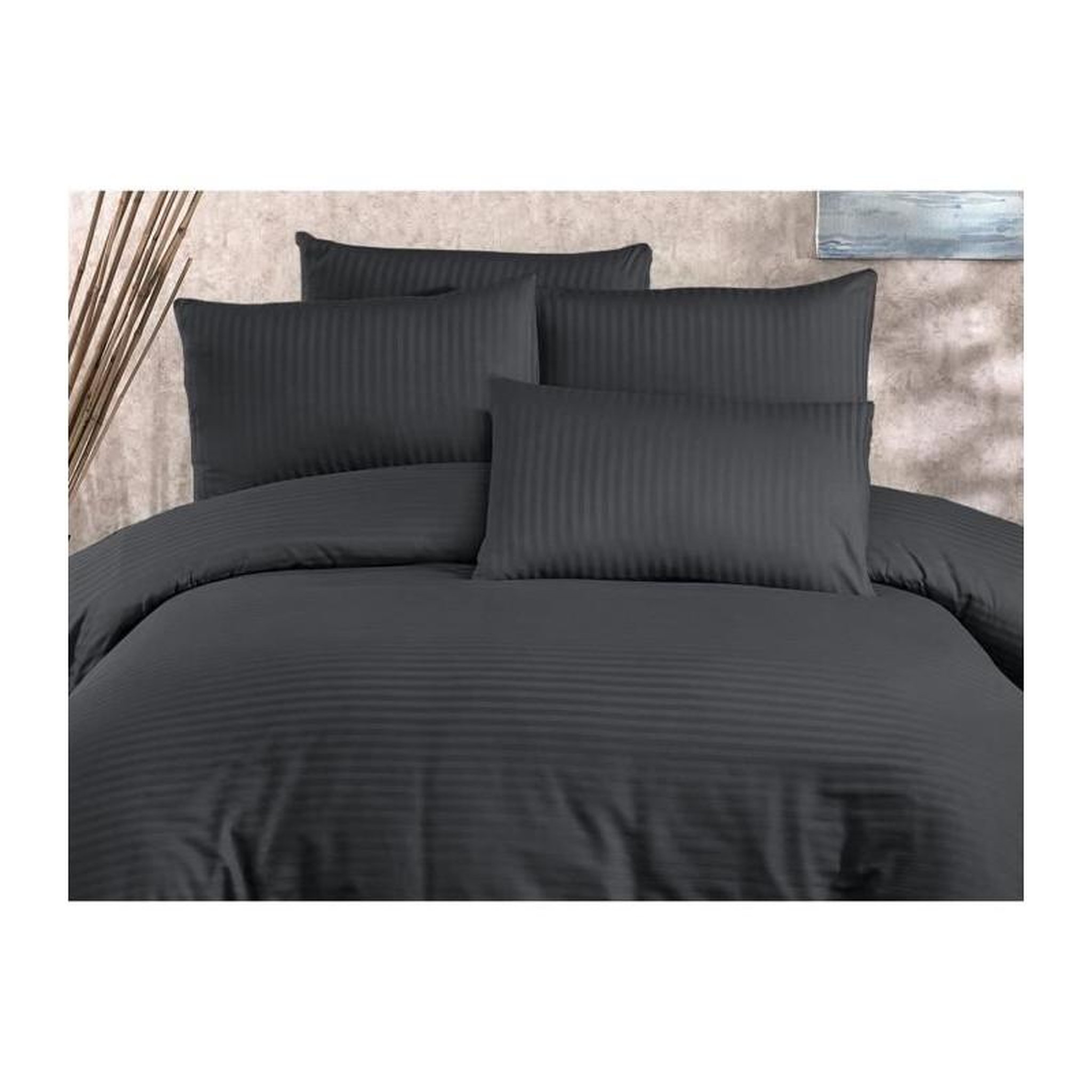 Voir la diapositive 4 : GENERIQUE Parure de lit - 1 housse de couette 220x240 cm + 2 taies d'oreiller 60x60 cm - 80% coton, 20% polyester - Anthracite