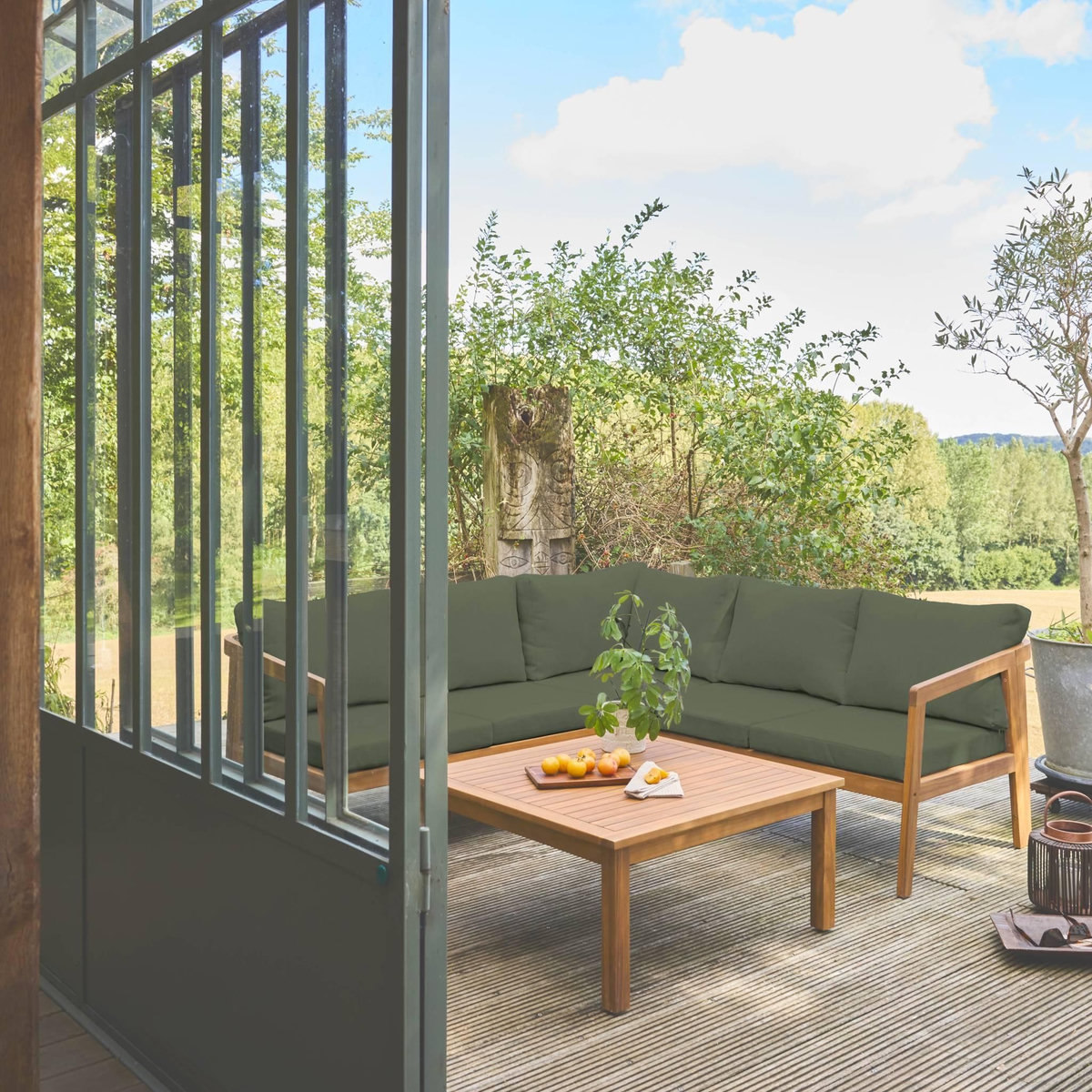 SWEEEK Salon de jardin d'angle en acacia 5 places LOBERIA CORNER, table carrée