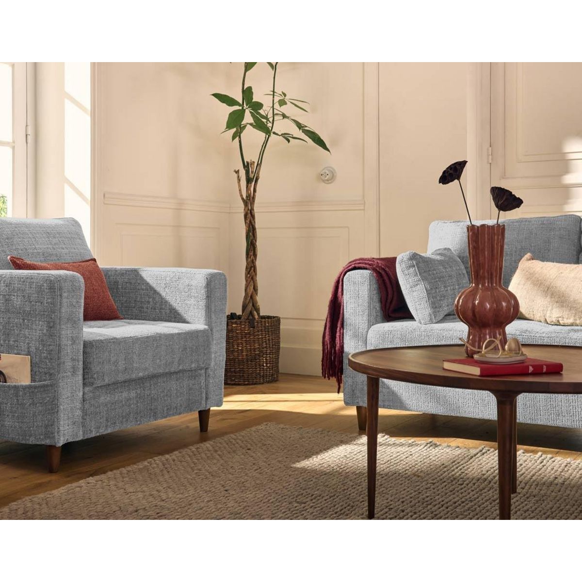 LISA DESIGN Anna - fauteuil avec poche en velours texturé - pieds en bois