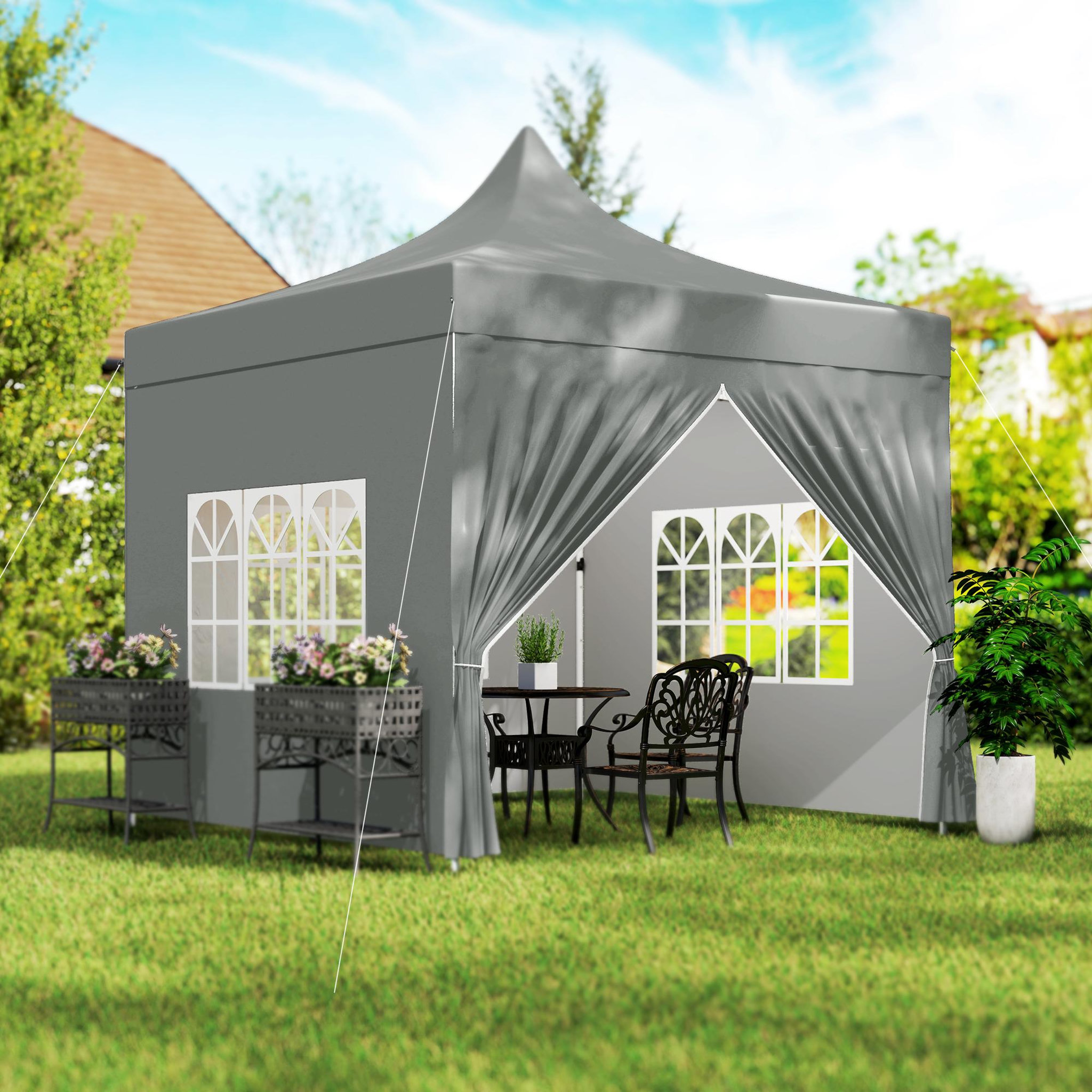 Voir la diapositive 4 : OUTSUNNY Tonnelle barnum pop-up 3 x 3 m 4 parois latérales amovibles 3 fenêtres hauteur réglable sac transport gris