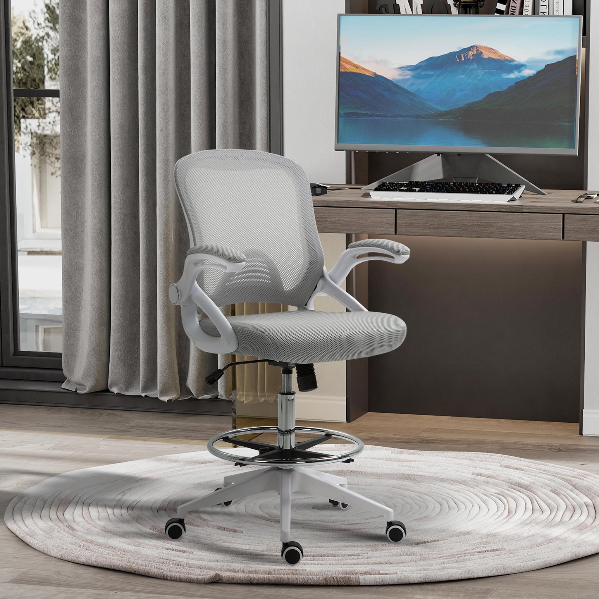 Voir la diapositive 2 : HOMCOM Fauteuil de bureau chaise de bureau assise haute réglable dim. 64L x 60l x 106-126H cm pivotant 360° maille respirante gris