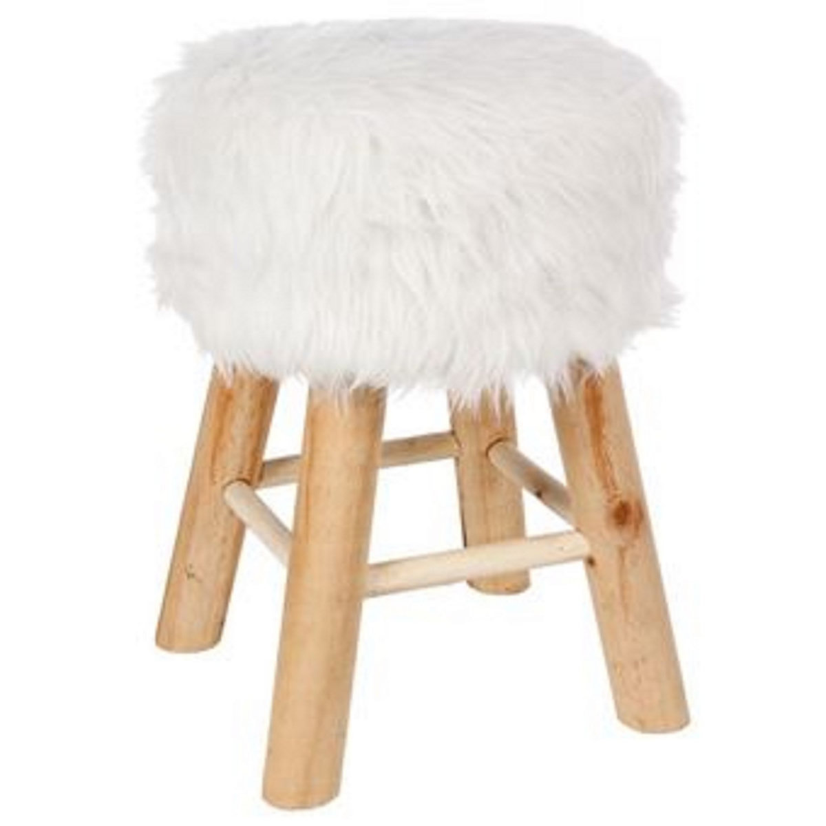 ATMOSPHERA Tabouret bois avec fausse fourrure blanche 