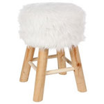 ATMOSPHERA Tabouret bois avec fausse fourrure blanche 